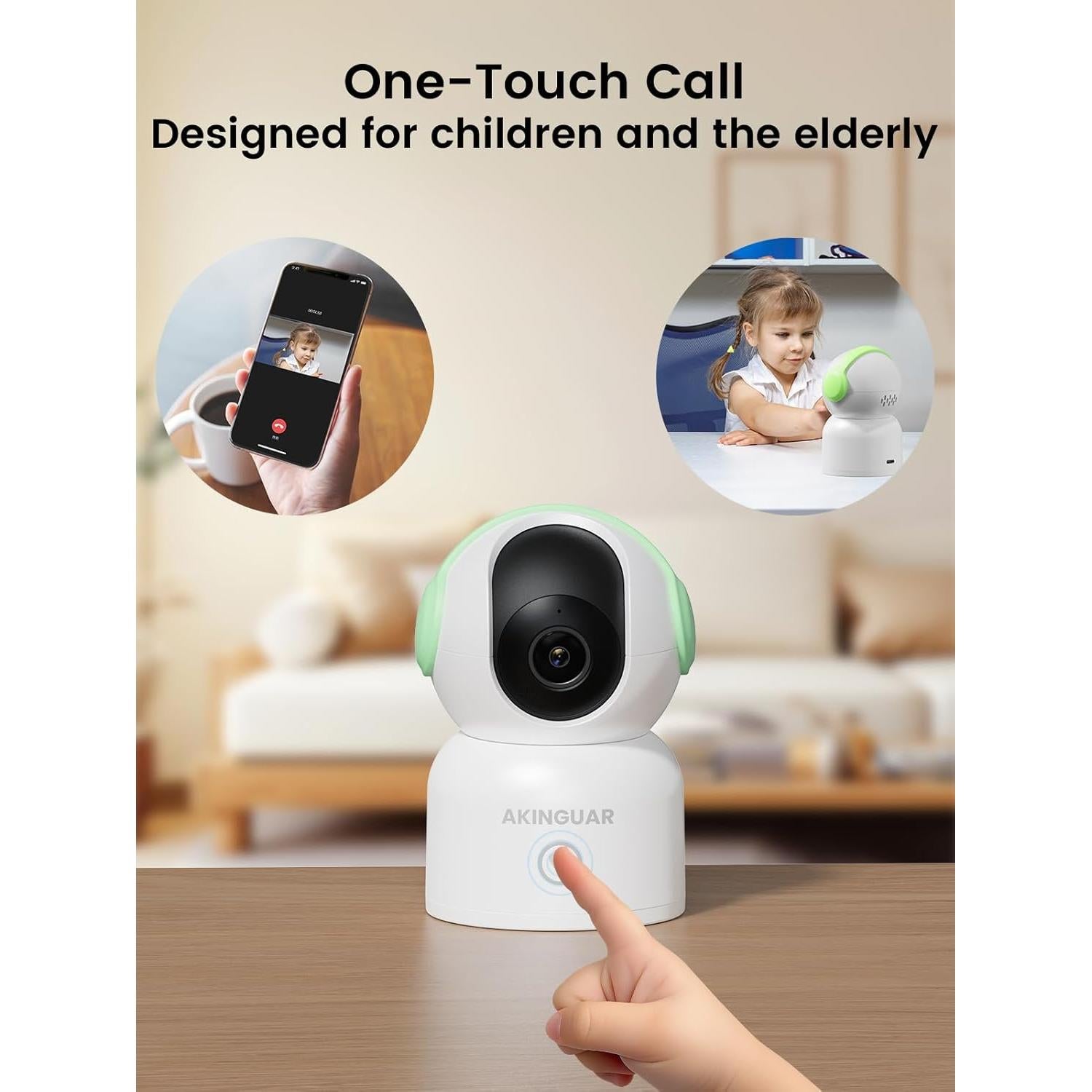 Cámara de Seguridad Interior 2K AKINGUAR Verde 360° Wi-Fi