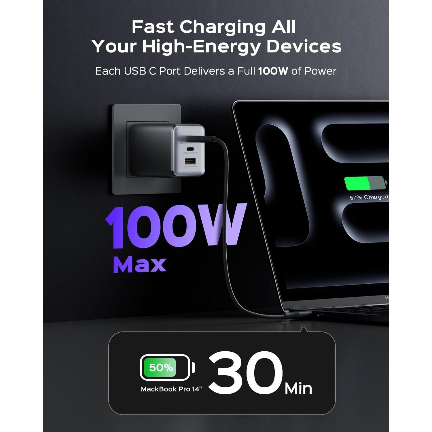 Cargador USB C 100W wegear Plegable 3 Puertos Negro