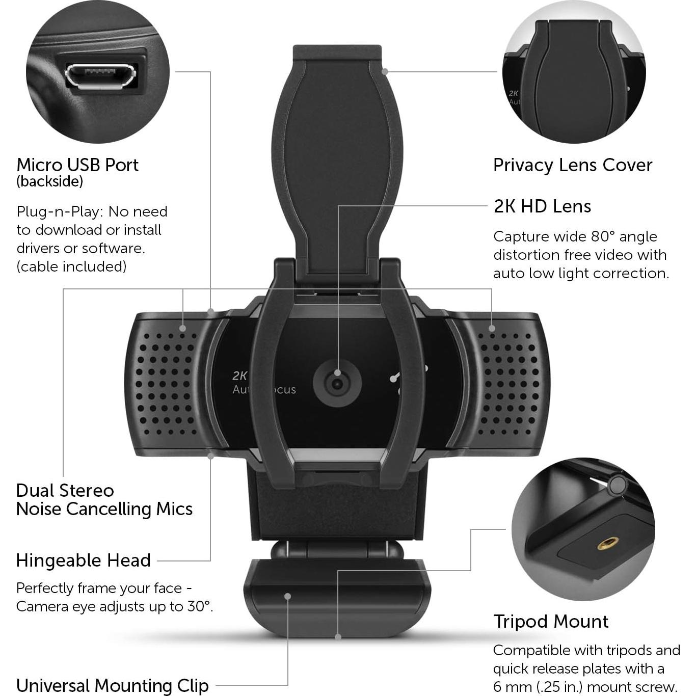 Cámara Web HD 2K Aluratek AWC2KF con Micrófonos Dual y Enfoque Automático