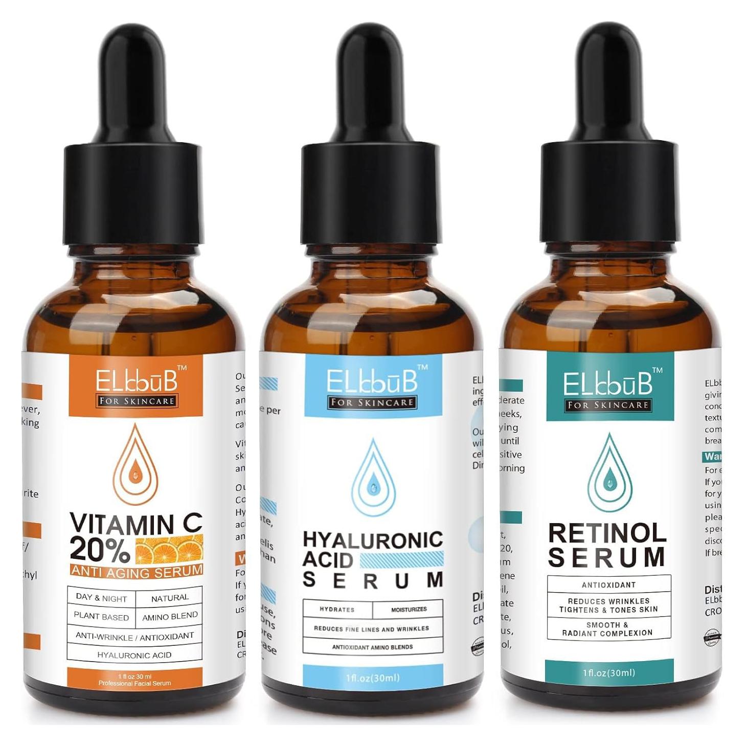 Set de Sueros Faciales ELBBUB - Vitamina C, Ácido Hialurónico y Retinol 30ml