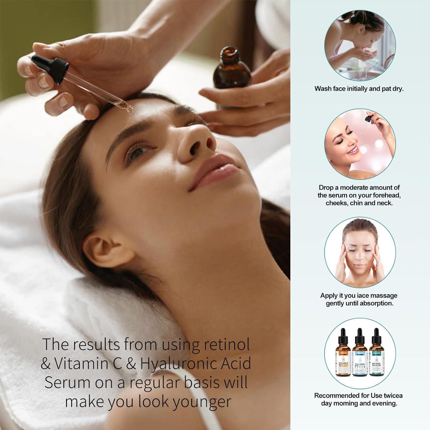 Set de Sueros Faciales ELBBUB - Vitamina C, Ácido Hialurónico y Retinol 30ml