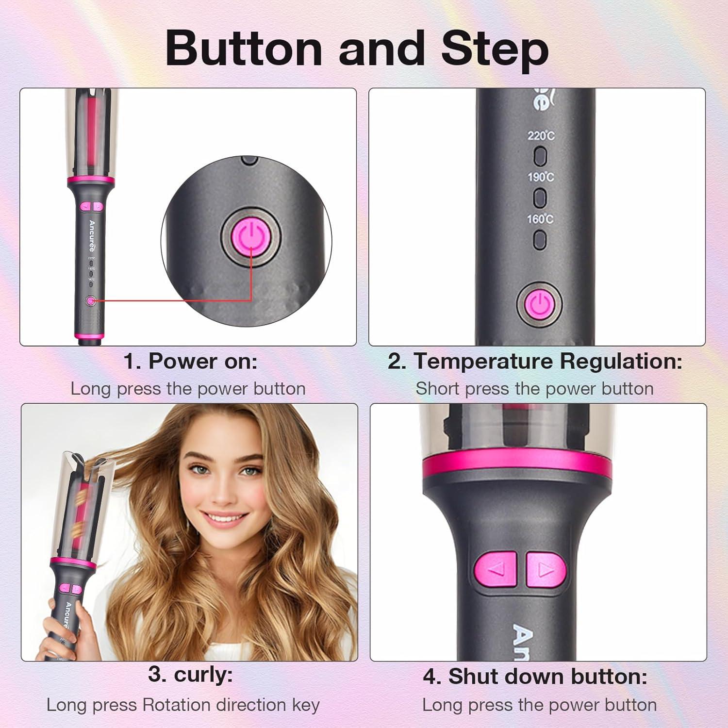 Rizador Automático de Cabello Ancuree Gris, Anti-Enredos, 3 Temperaturas