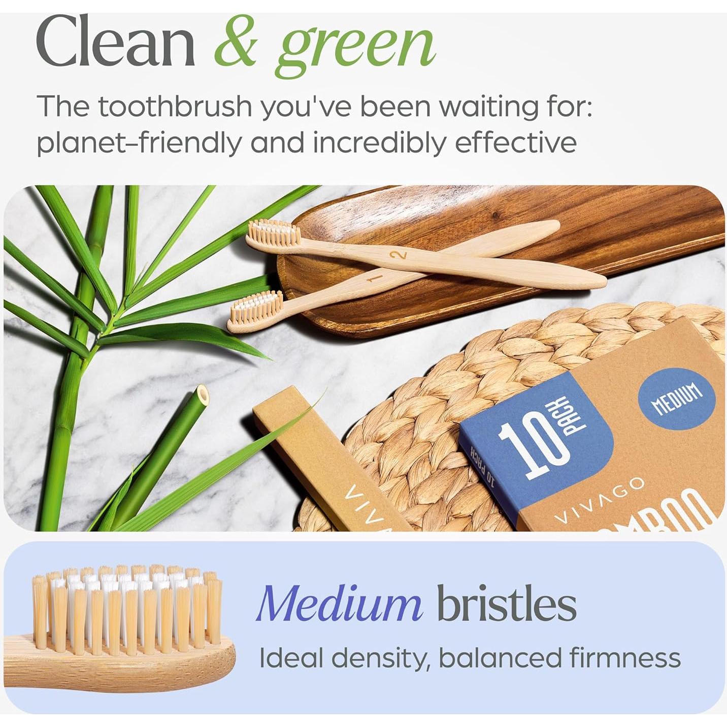 Cepillos de Dientes de Bambú VIVAGO Paquete de 10 Cerdas Medianas