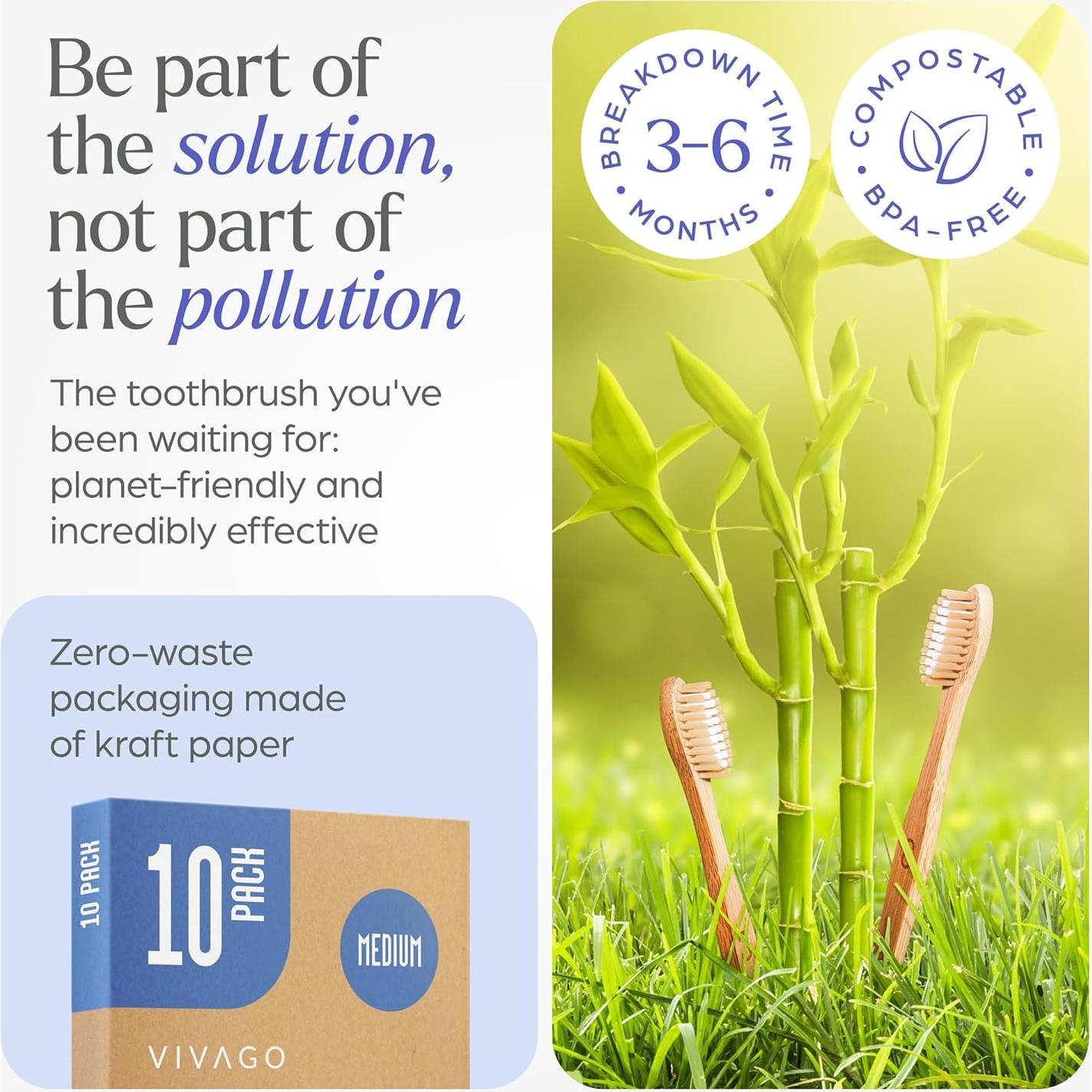 Cepillos de Dientes de Bambú VIVAGO Paquete de 10 Cerdas Medianas