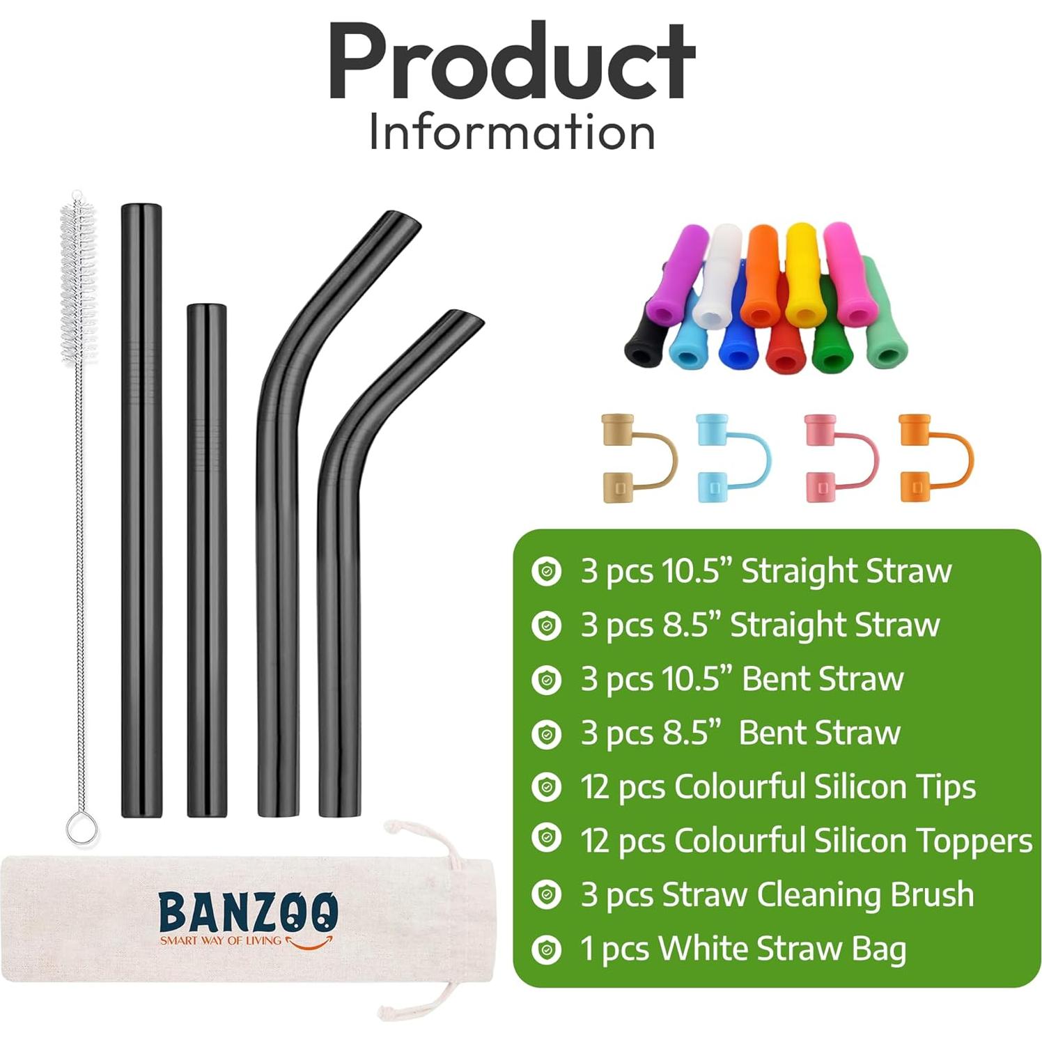 Popotes de Acero Inoxidable Banzoo Reutilizables 21.5 y 26.7 cm