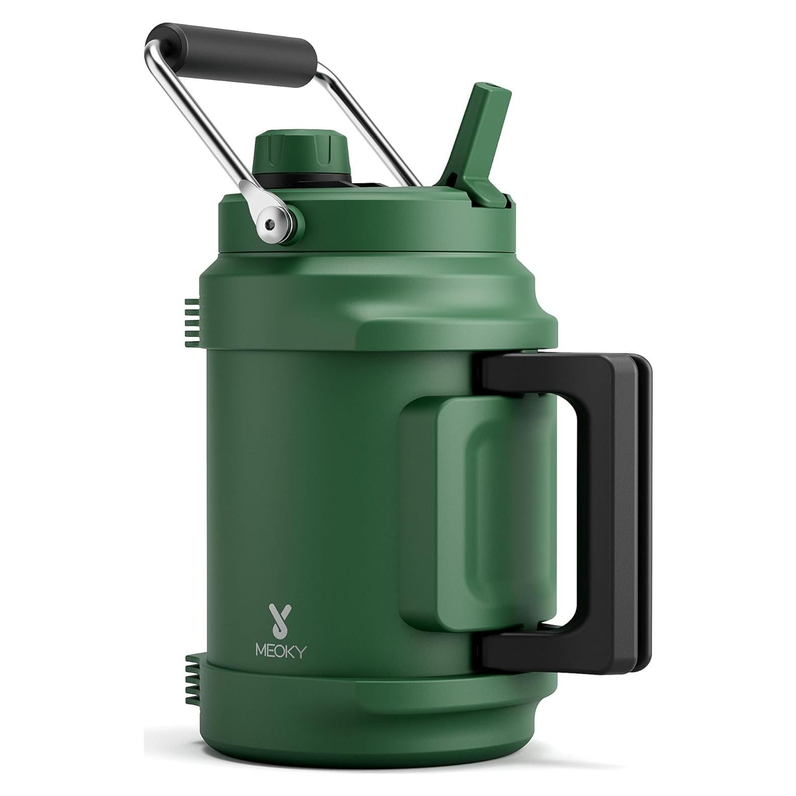 64 oz Insulated Water Bottle for Camping: Meoky Triple Wall Vacuum Stainless Steel Half Gallon Water Jug - Top and Side Handles, 2-in-1 Straw and Spout Lid, Cold for 36 Hrs, Leak Proof, BPA Free (Fir)