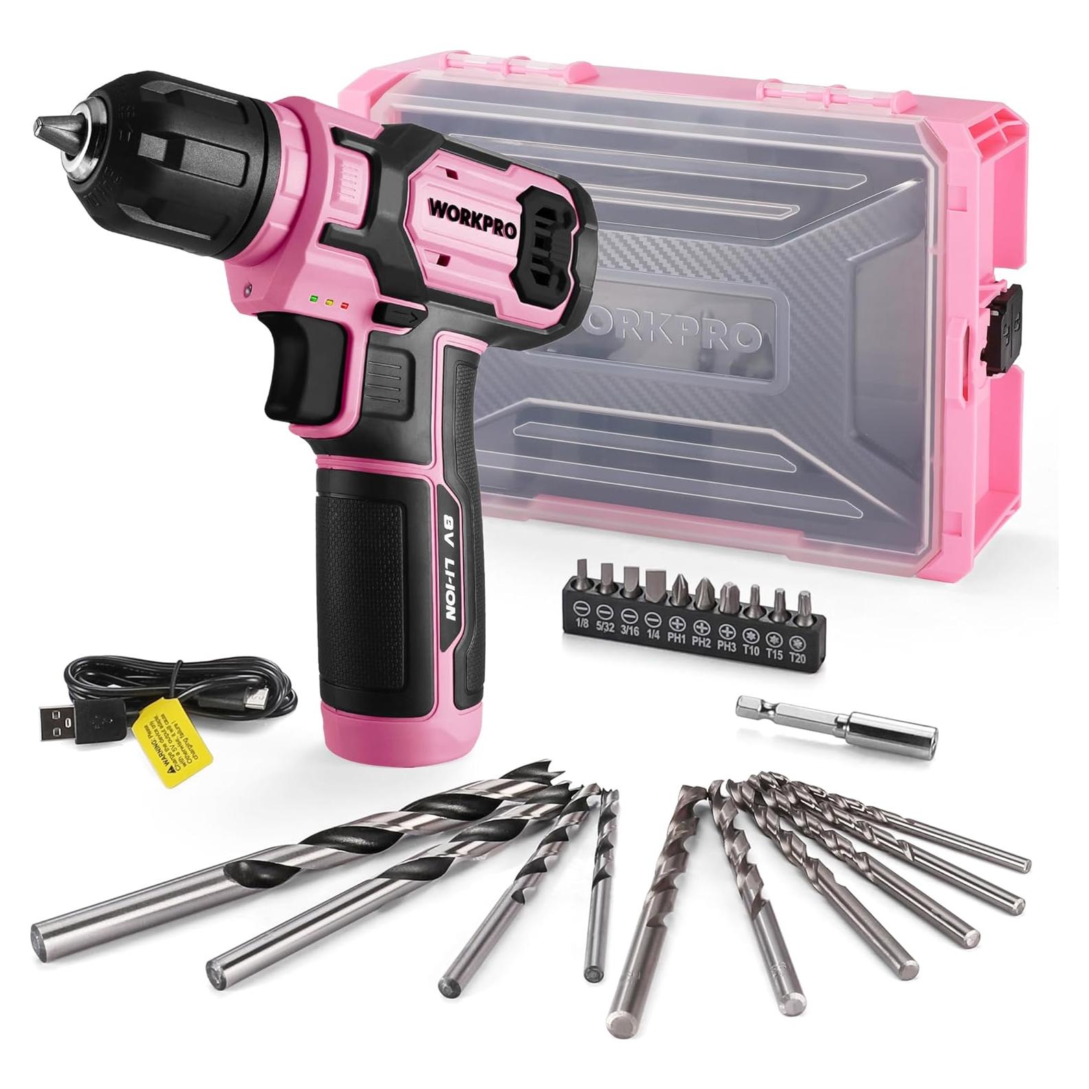 Taladro Inalámbrico WORKPRO 8V Rosa con Accesorios y Caja