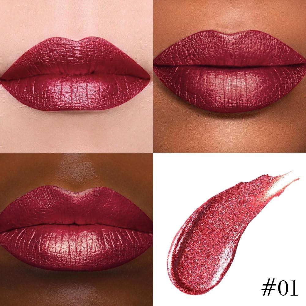 Labial Metálico Rojo Oscuro Kaely 2 en 1 con Lápiz Labial