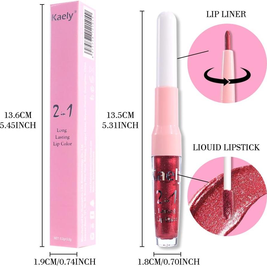 Labial Metálico Rojo Oscuro Kaely 2 en 1 con Lápiz Labial