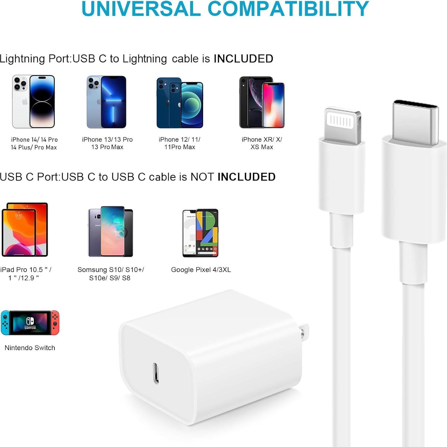 Cargador Rápido USB C 20W para iPhone 3x Pack 6FT