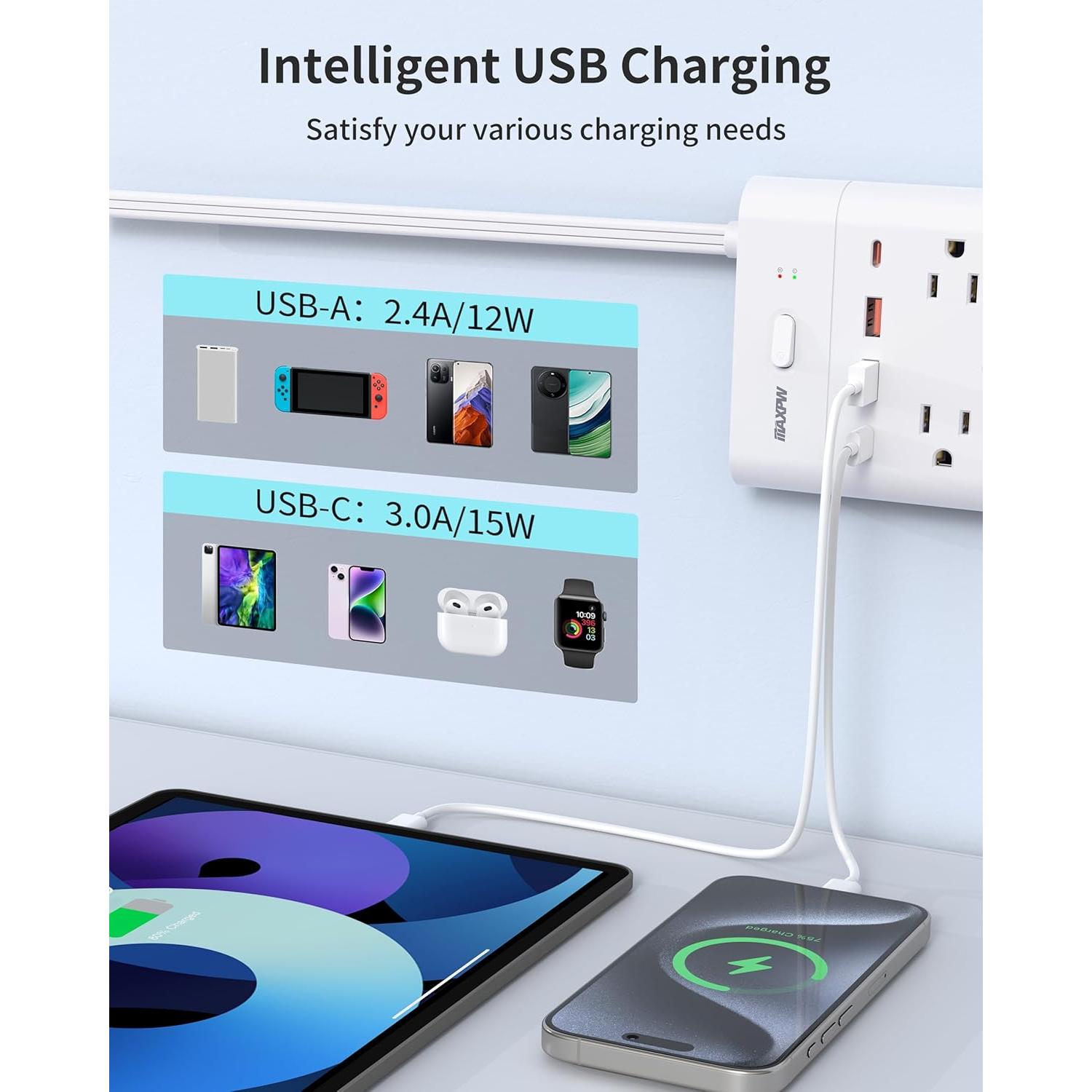 Regleta de Enchufes Maxpw 6 pies 14 Salidas 4 USB Blanco