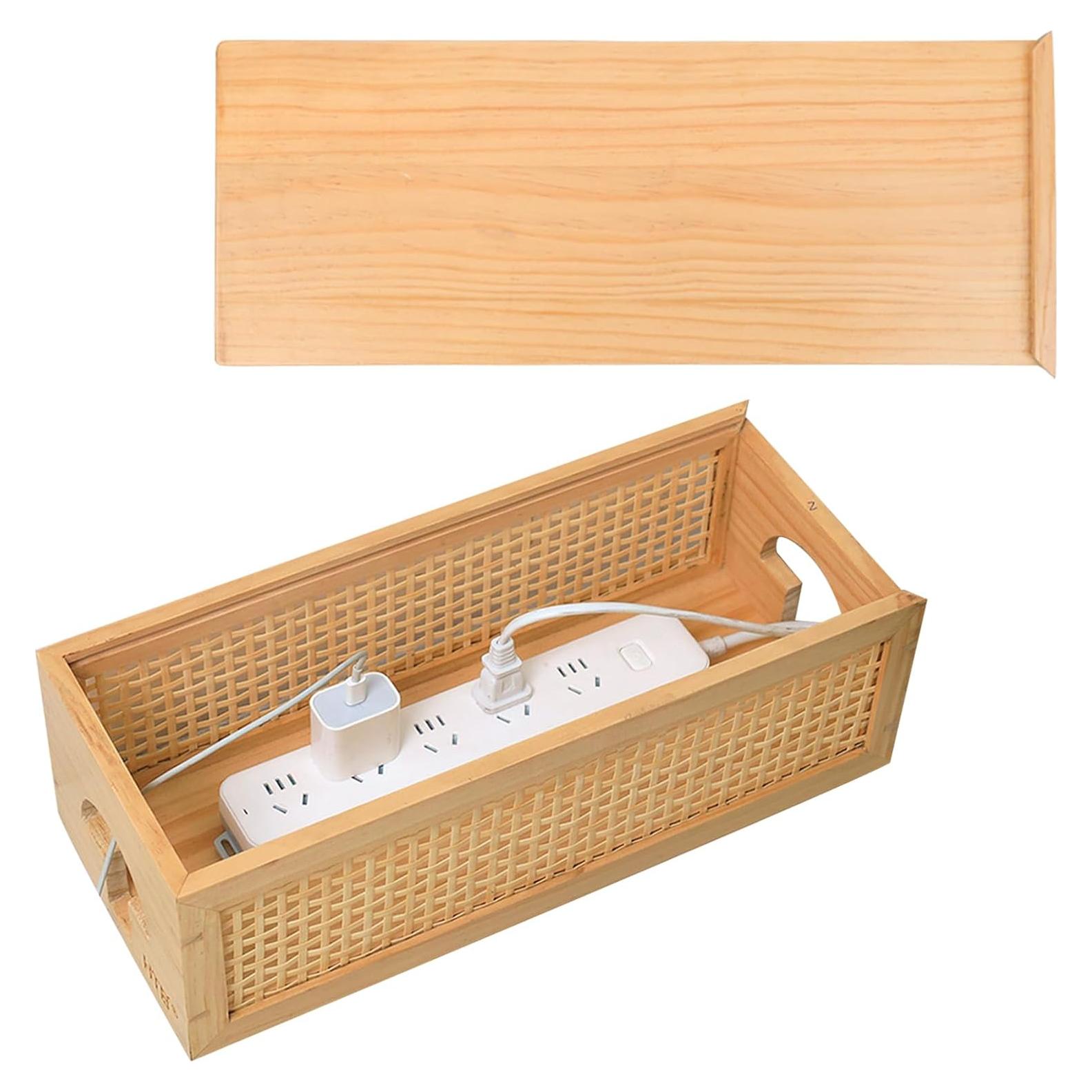 Caja de Gestión de Cables HTB de Madera de Pino con Ratan - Organizador Vintage para Escritorio