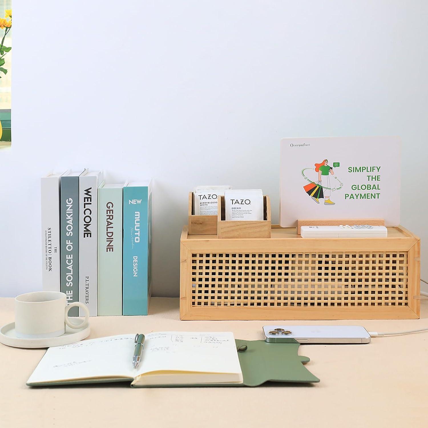 Caja de Gestión de Cables HTB de Madera de Pino con Ratan - Organizador Vintage para Escritorio