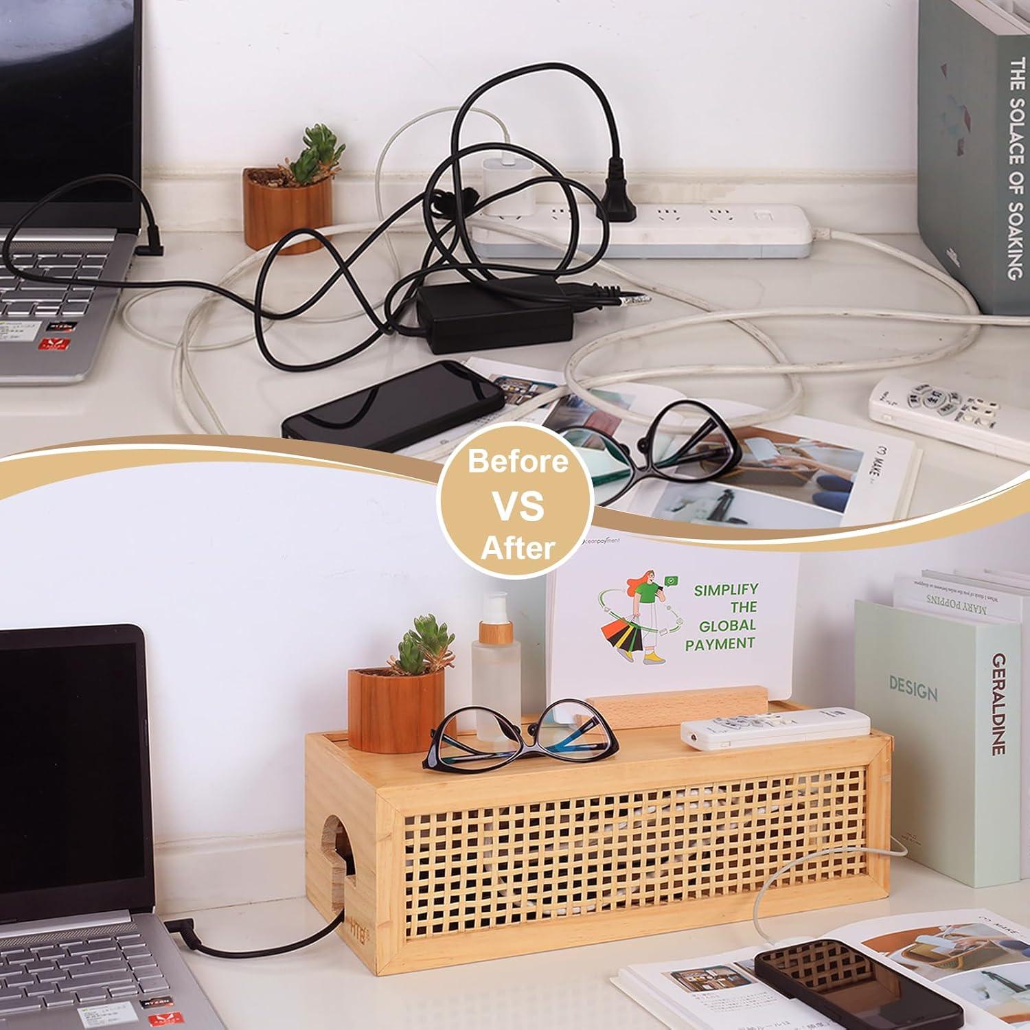 Caja de Gestión de Cables HTB de Madera de Pino con Ratan - Organizador Vintage para Escritorio