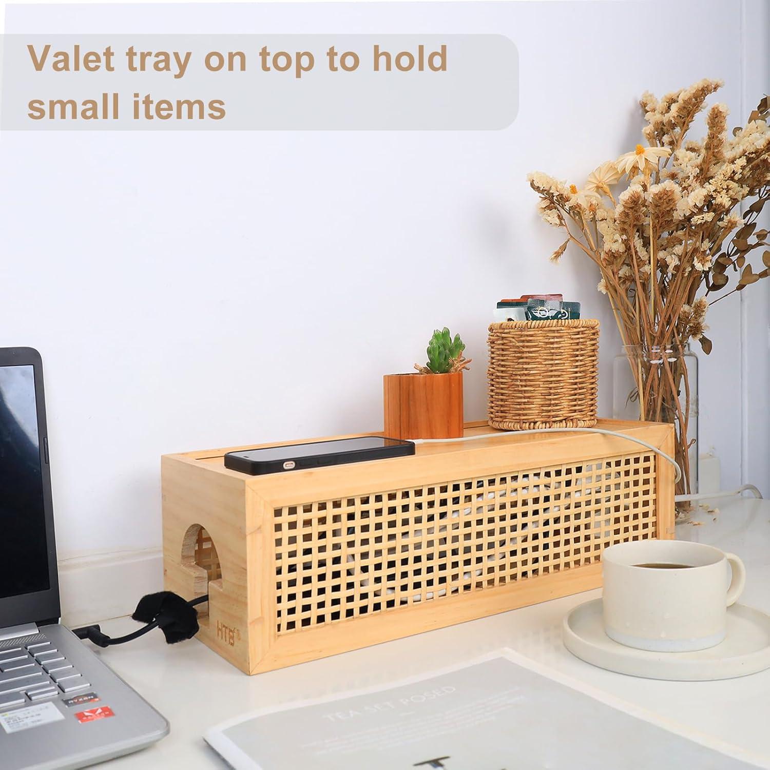 Caja de Gestión de Cables HTB de Madera de Pino con Ratan - Organizador Vintage para Escritorio