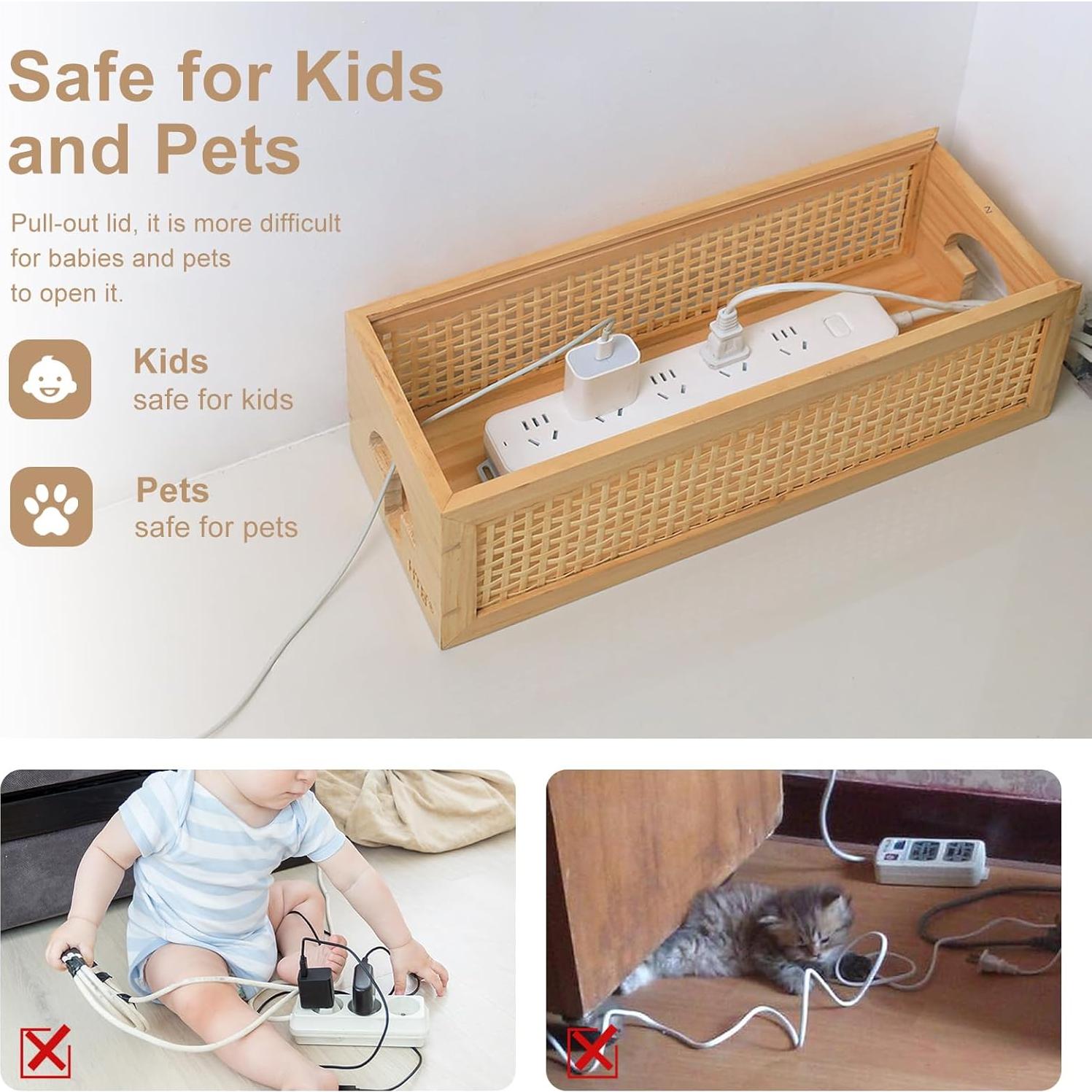 Caja de Gestión de Cables HTB de Madera de Pino con Ratan - Organizador Vintage para Escritorio