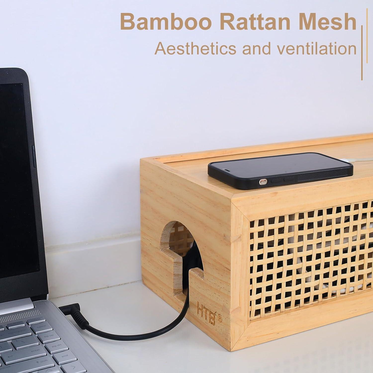 Caja de Gestión de Cables HTB de Madera de Pino con Ratan - Organizador Vintage para Escritorio