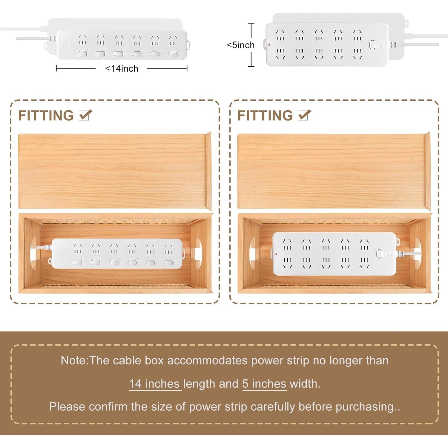 Caja de Gestión de Cables HTB de Madera de Pino con Ratan - Organizador Vintage para Escritorio