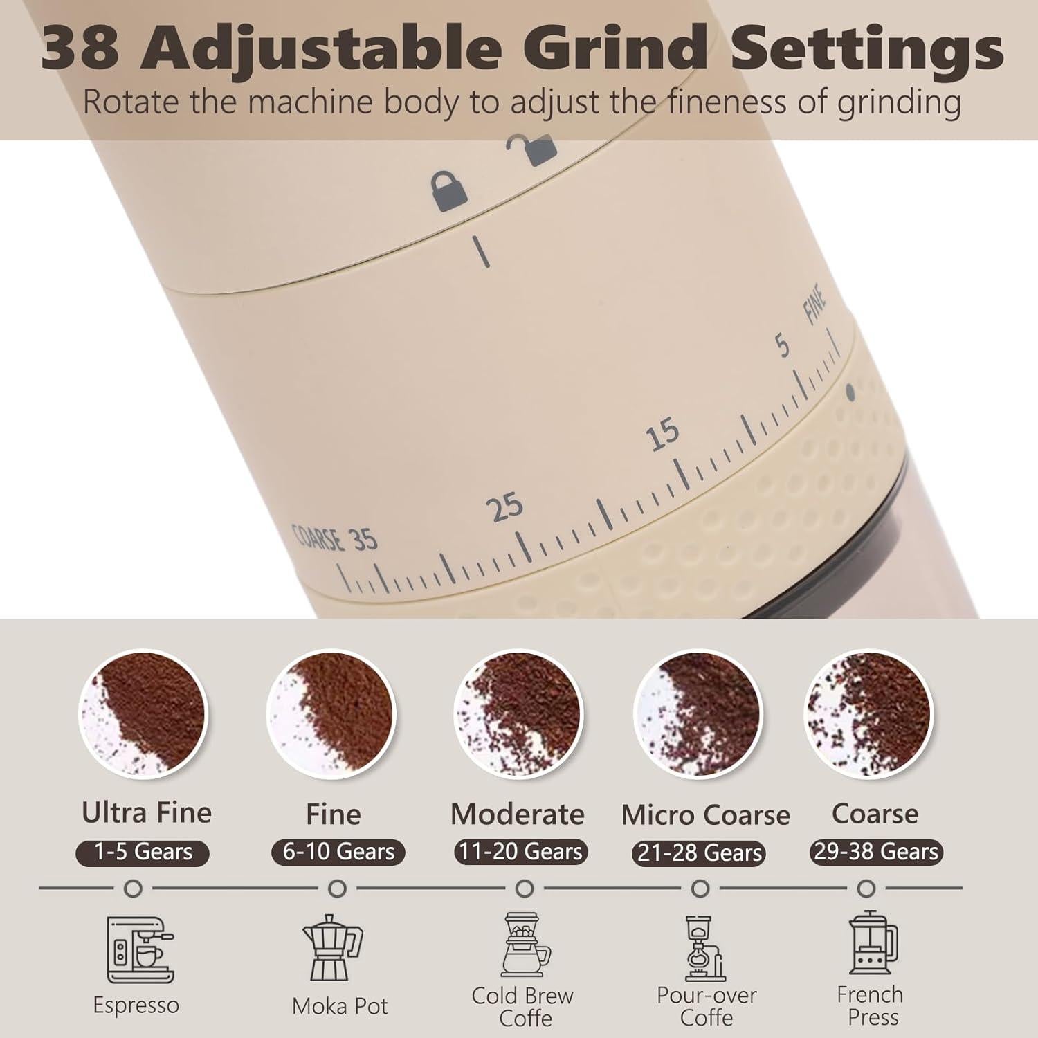 Molino de café portátil VINGVO eléctrico 38 configuraciones USB