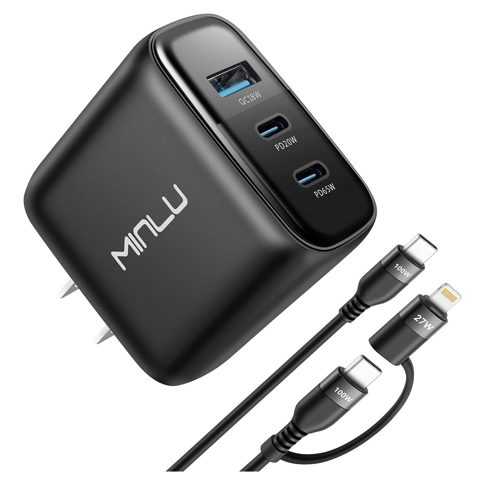 Cargador USB-C 65W MINLU 3 Puertos GaN con Cable 2 en 1