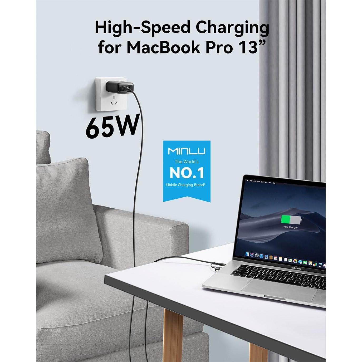 Cargador USB-C 65W MINLU 3 Puertos GaN con Cable 2 en 1