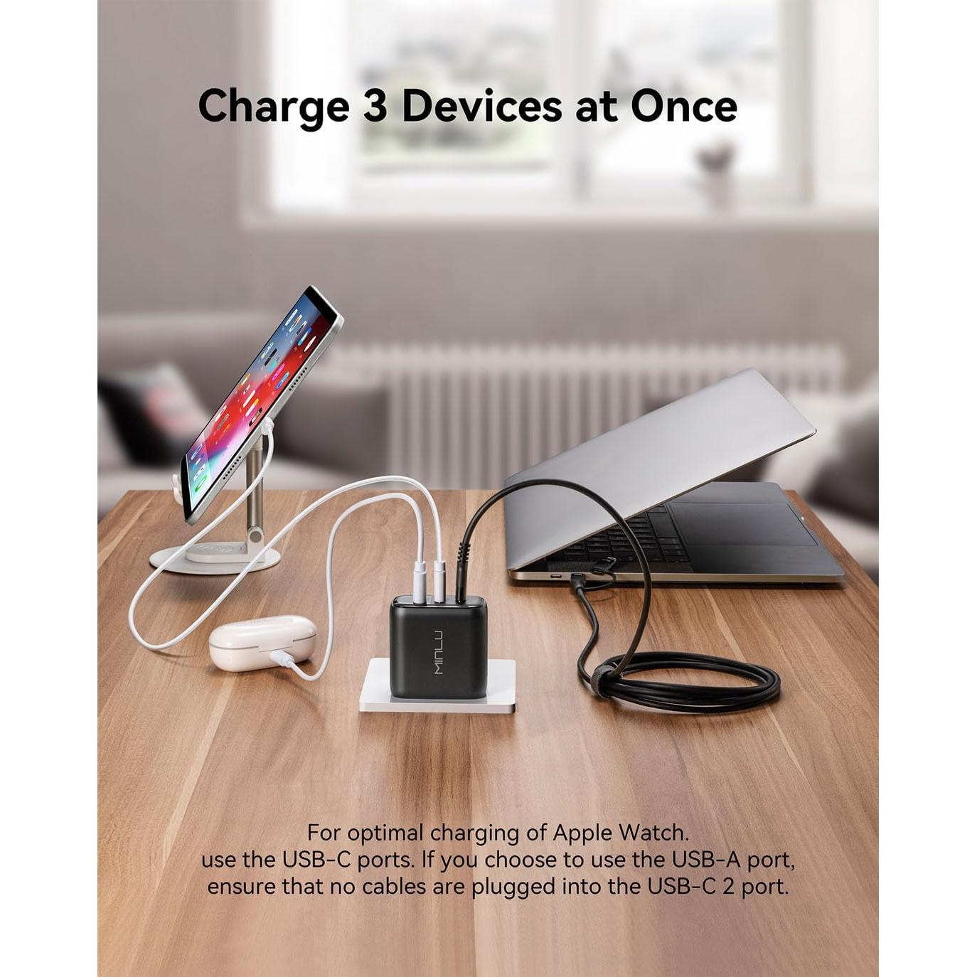 Cargador USB-C 65W MINLU 3 Puertos GaN con Cable 2 en 1