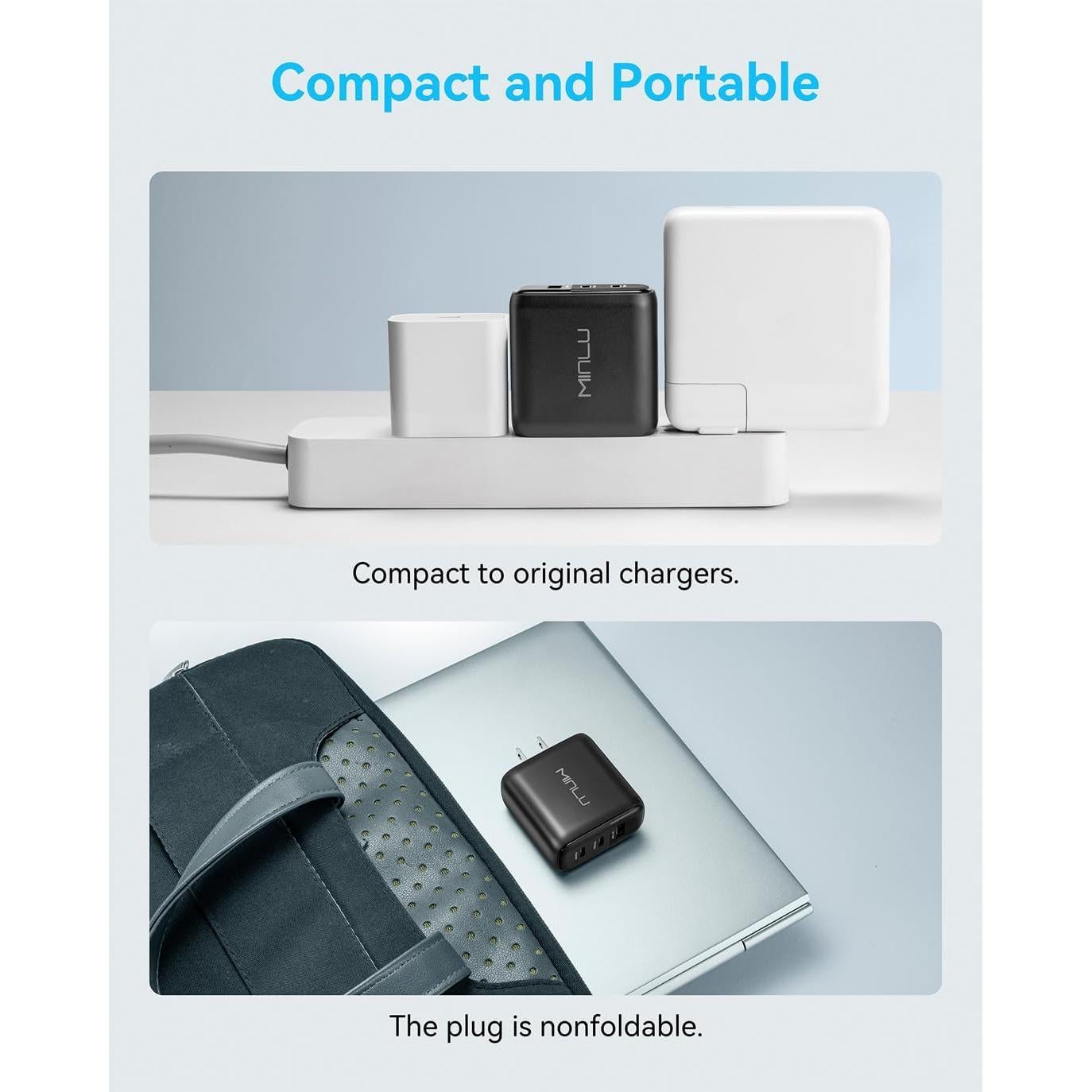 Cargador USB-C 65W MINLU 3 Puertos GaN con Cable 2 en 1