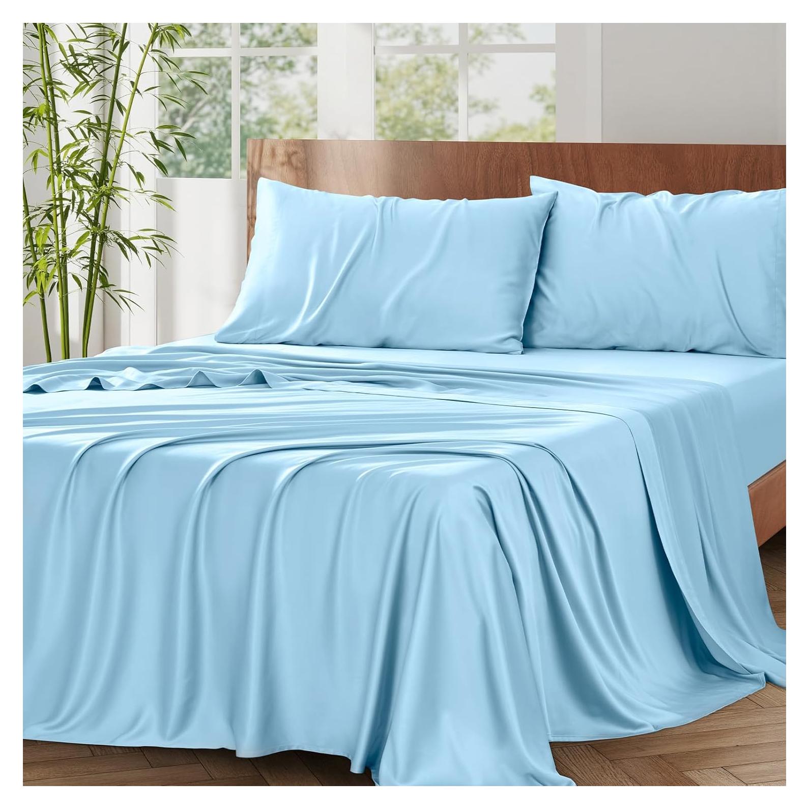 Juego de Sábanas King Vipfree 4 Piezas Rayón Bambú Azul Bebé