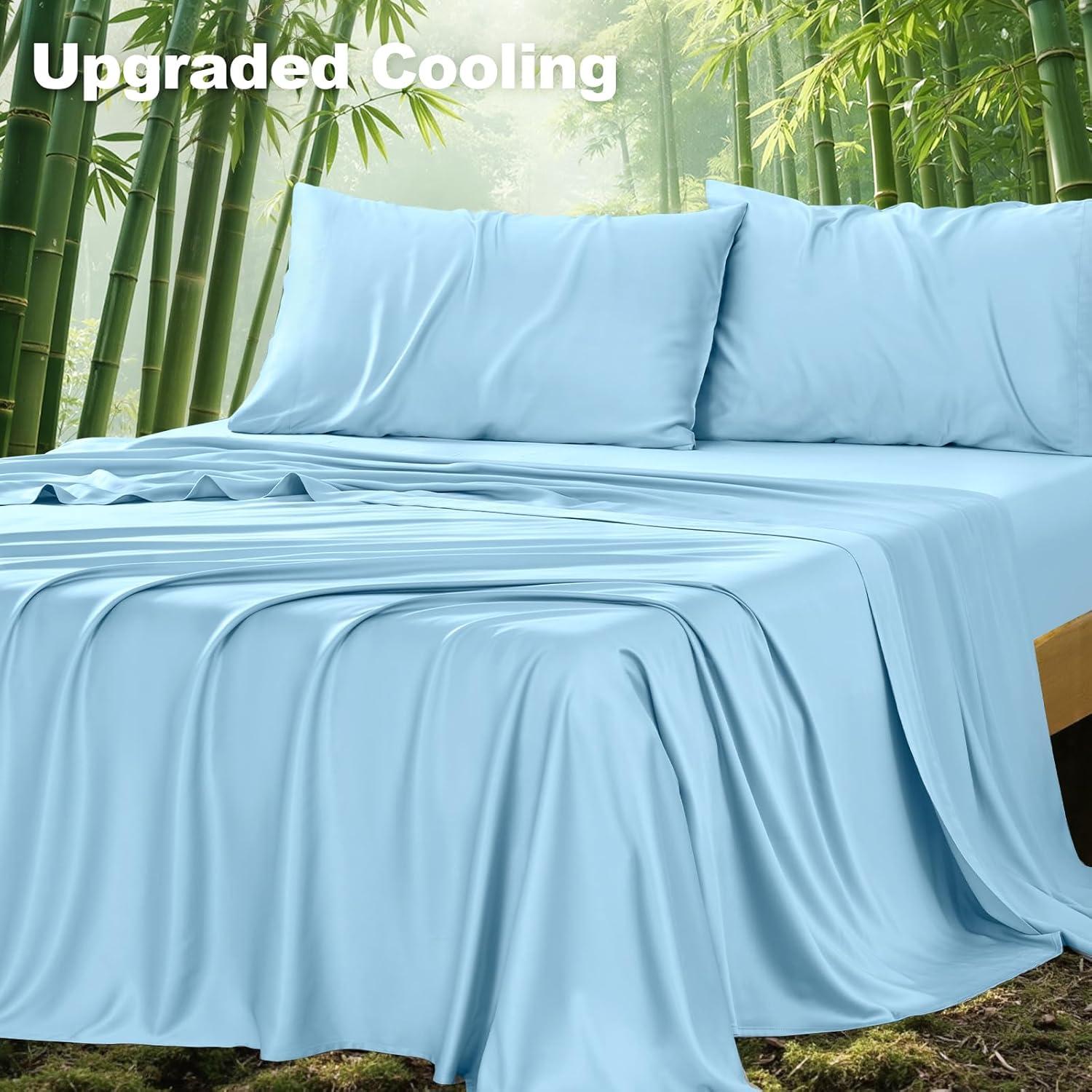 Juego de Sábanas King Vipfree 4 Piezas Rayón Bambú Azul Bebé