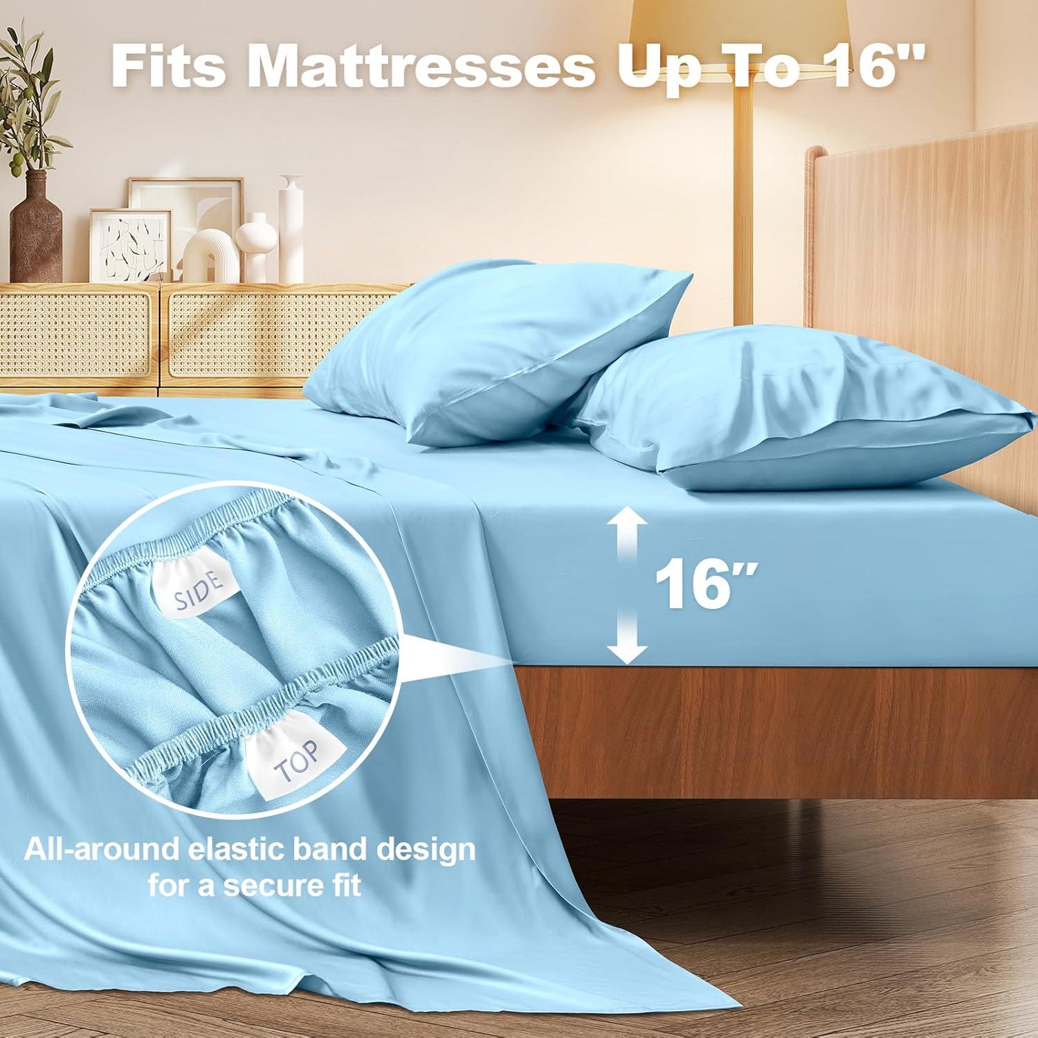 Juego de Sábanas King Vipfree 4 Piezas Rayón Bambú Azul Bebé