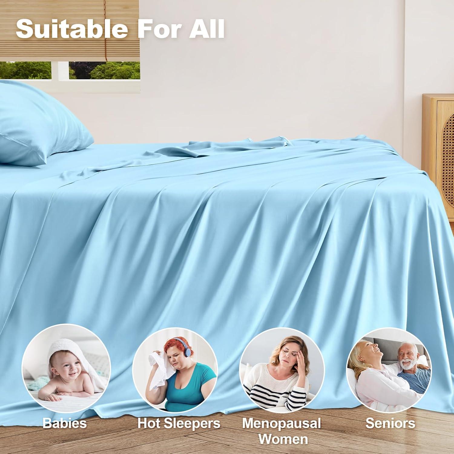 Juego de Sábanas King Vipfree 4 Piezas Rayón Bambú Azul Bebé