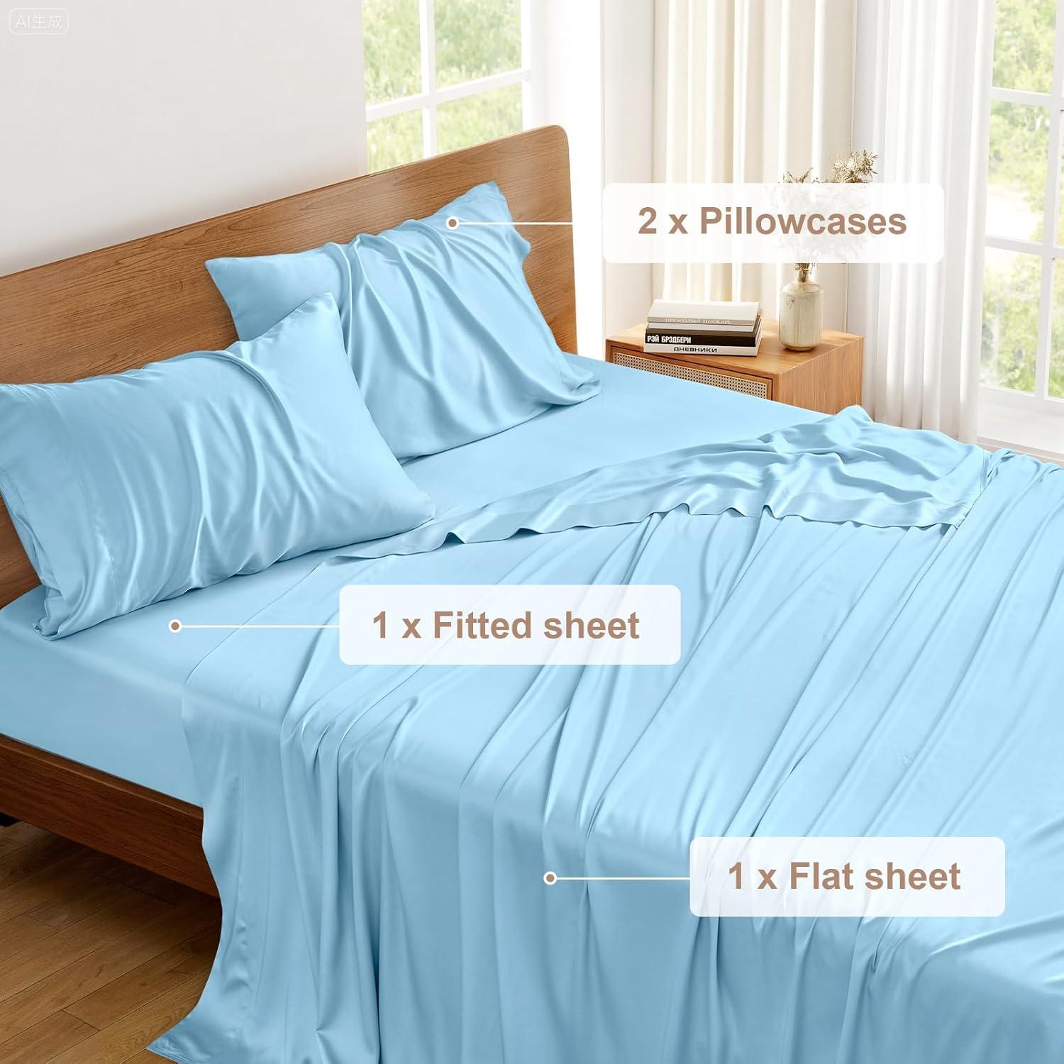 Juego de Sábanas King Vipfree 4 Piezas Rayón Bambú Azul Bebé