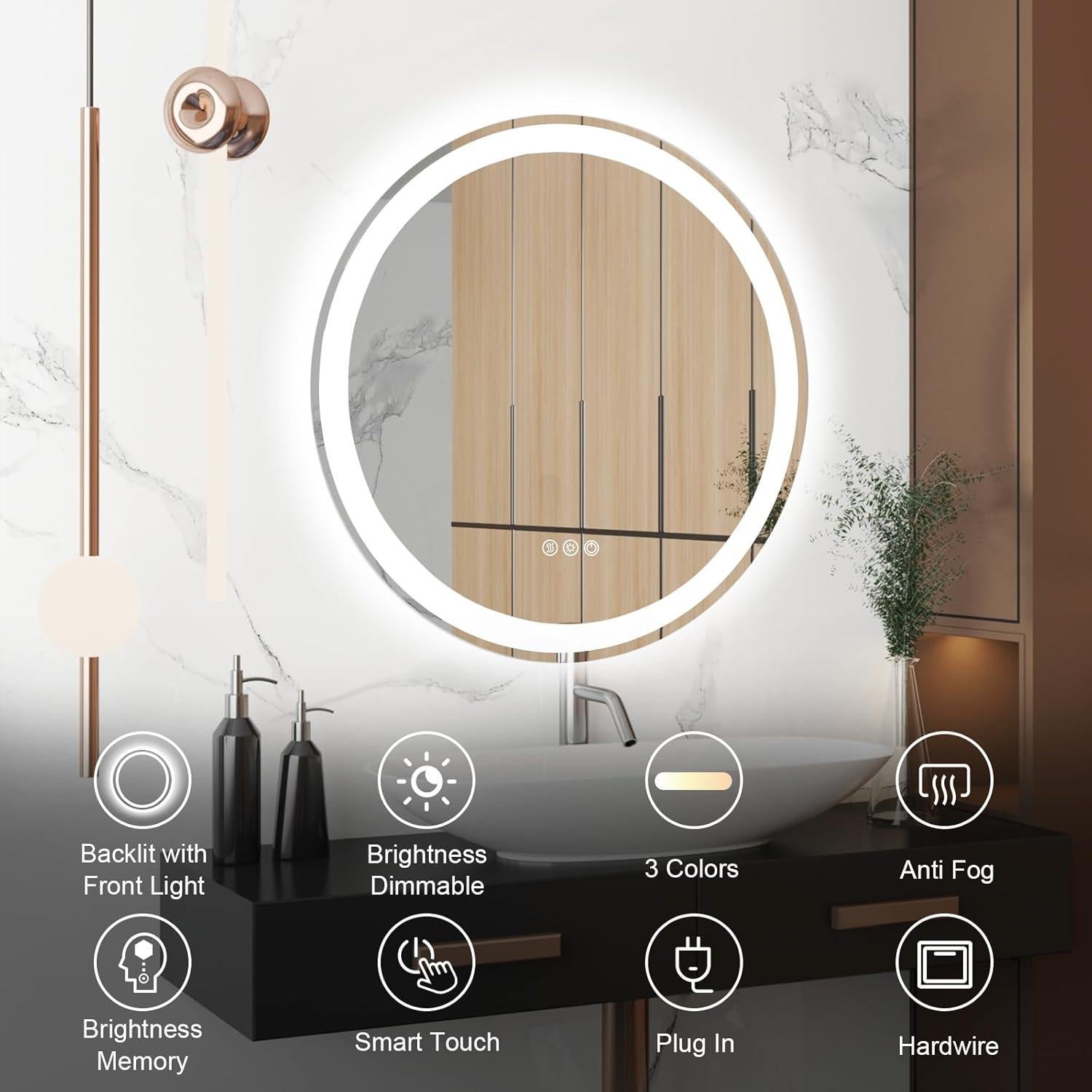 Espejo LED Redondo WOSEKBATHAL 60.96 cm Anti-vaho 3 Colores