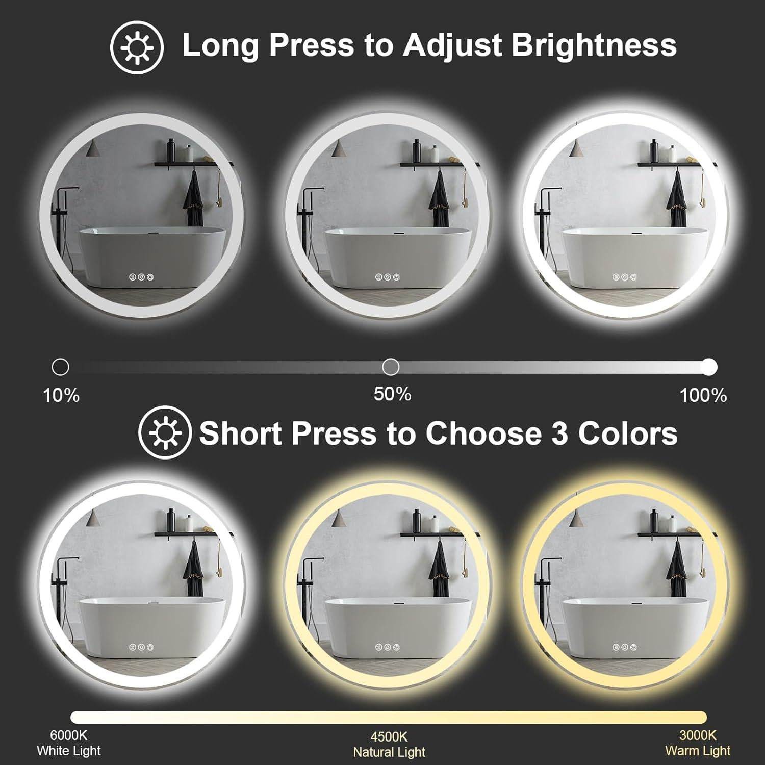 Espejo LED Redondo WOSEKBATHAL 60.96 cm Anti-vaho 3 Colores