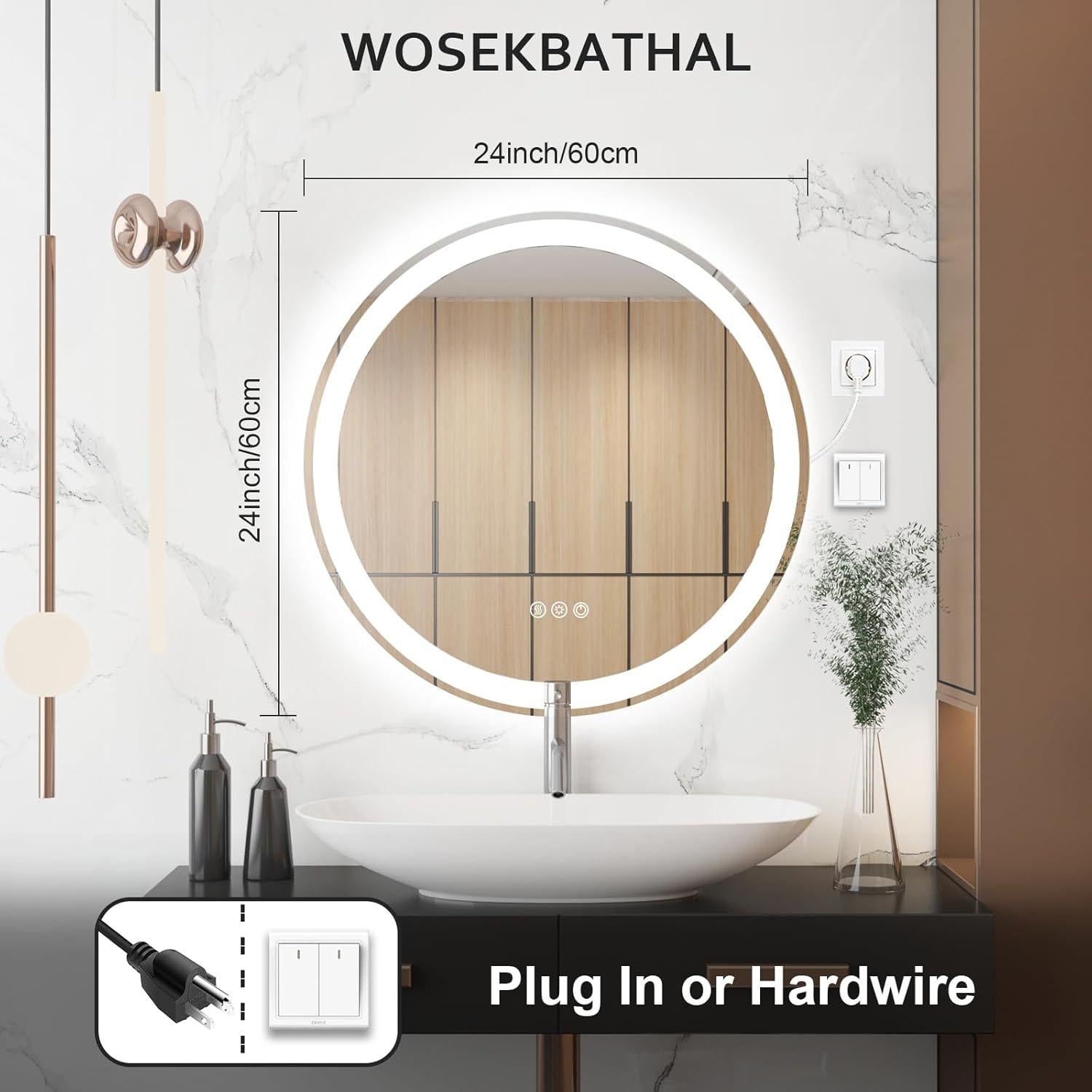 Espejo LED Redondo WOSEKBATHAL 60.96 cm Anti-vaho 3 Colores
