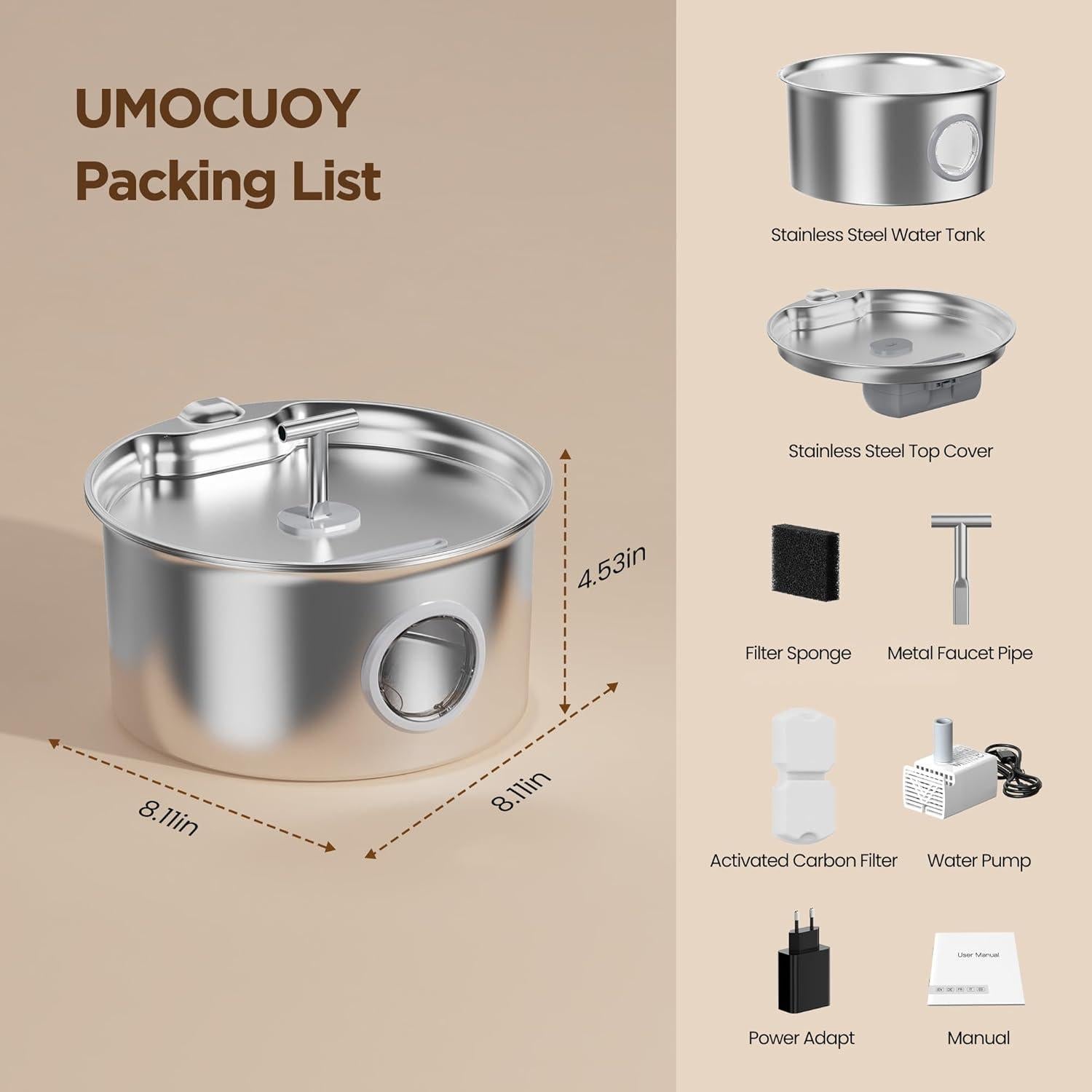 Fuente de Agua para Gatos UMOCUOY 2.6L Acero Inoxidable