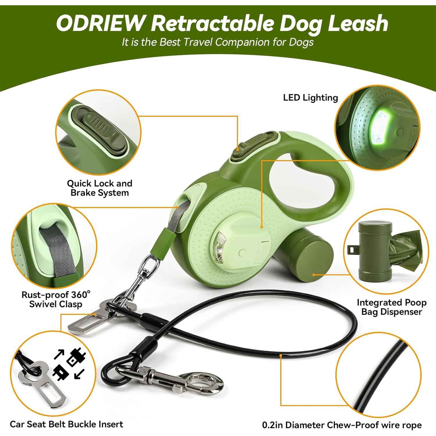 Correa Retráctil ODRIEW 4.88m para Perros hasta 34kg Verde