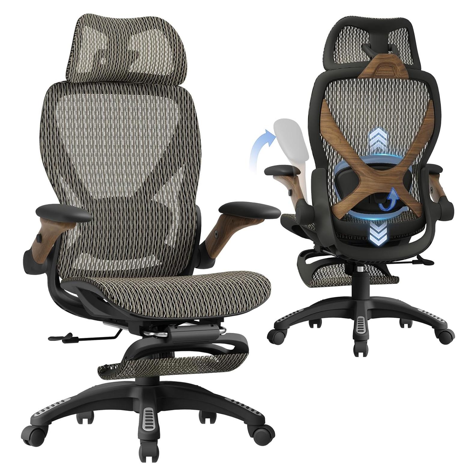 ELABEST X100 Ergonomic Office Chair with Footrest, Big and Tall Home Desk Chair with 5D Flip-Up Arms, Adjustable 3D Lumbar Support,High Back Rolling Computer Chair, Swivel Mesh Chairs (Coffee Break)