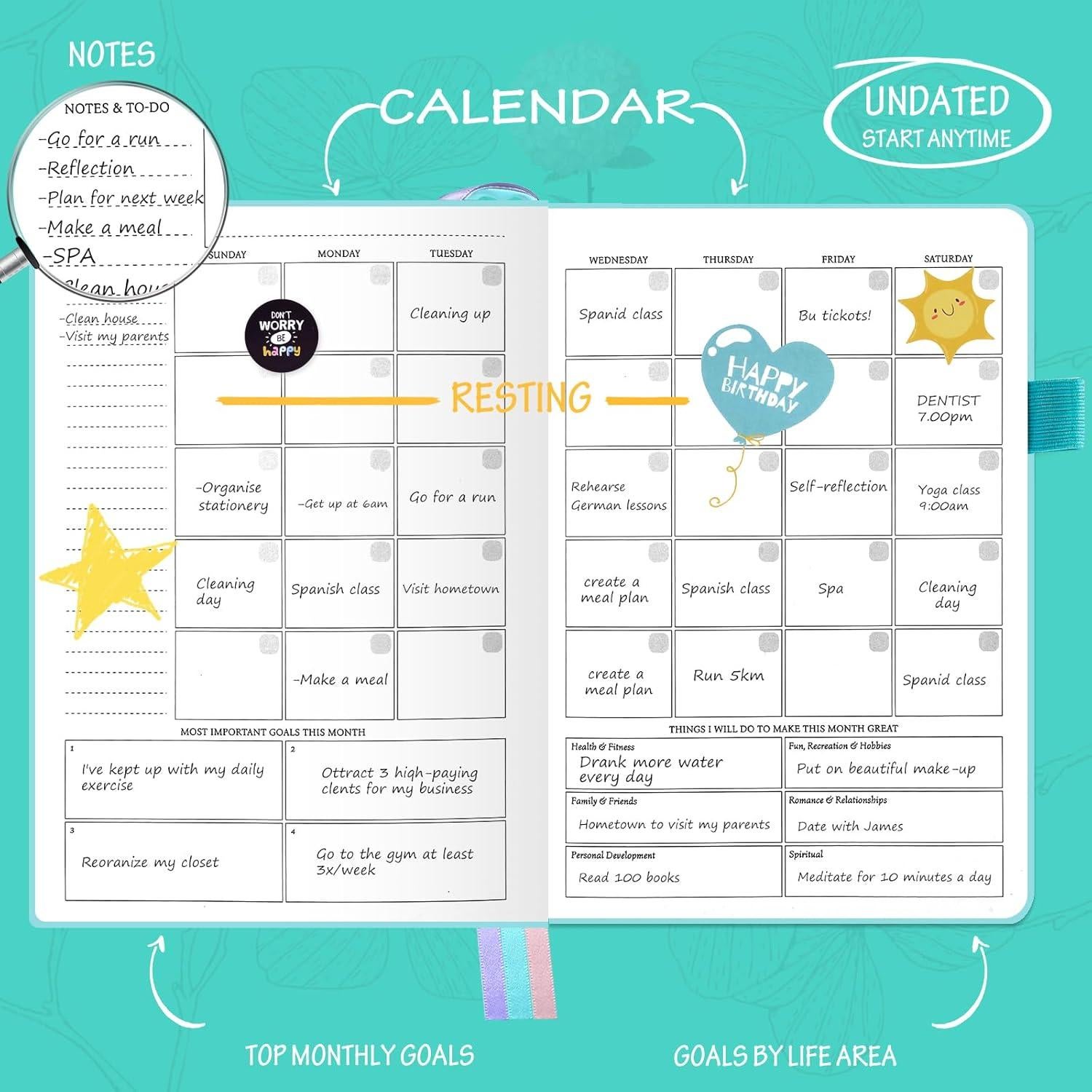 Planificador Semanal y Mensual WZFFPAOJ A5 Sin Fecha Cian