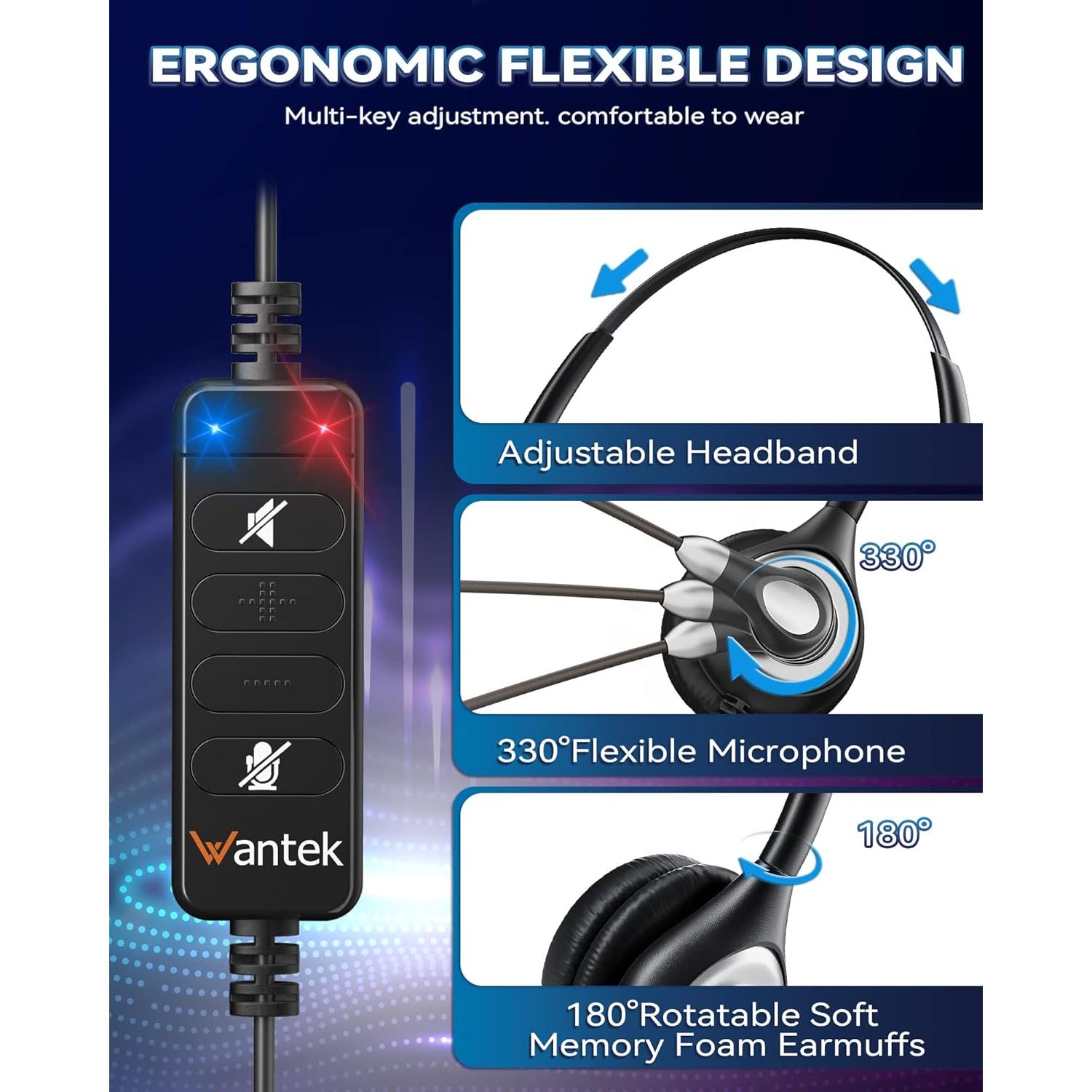 Auriculares USB Wantek UC600 con micrófono y cancelación de ruido