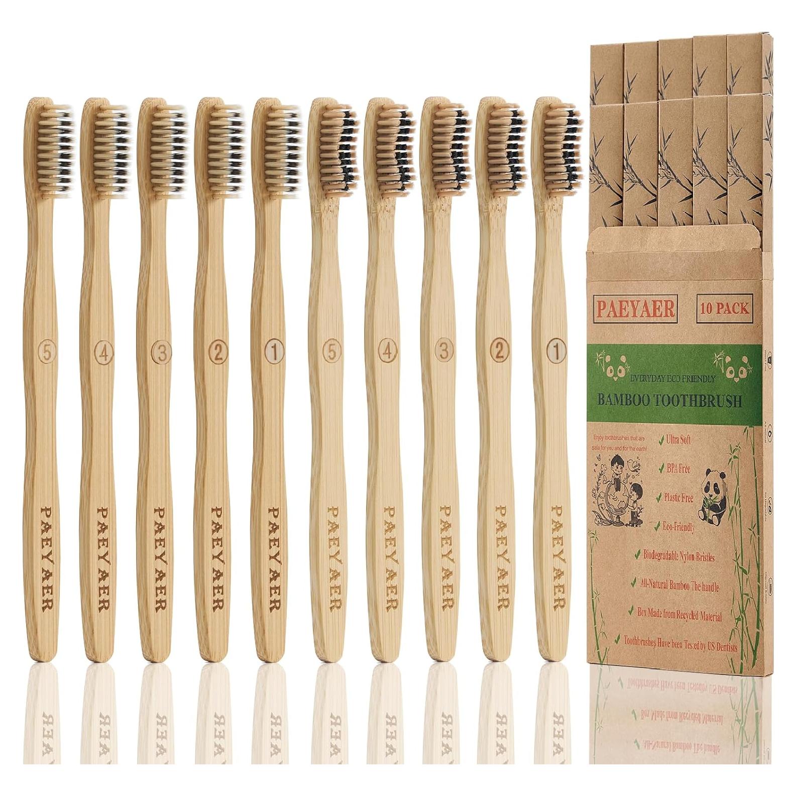 10 Cepillos de Dientes de Bambú Paeyaer Suave y Medio Ecológicos