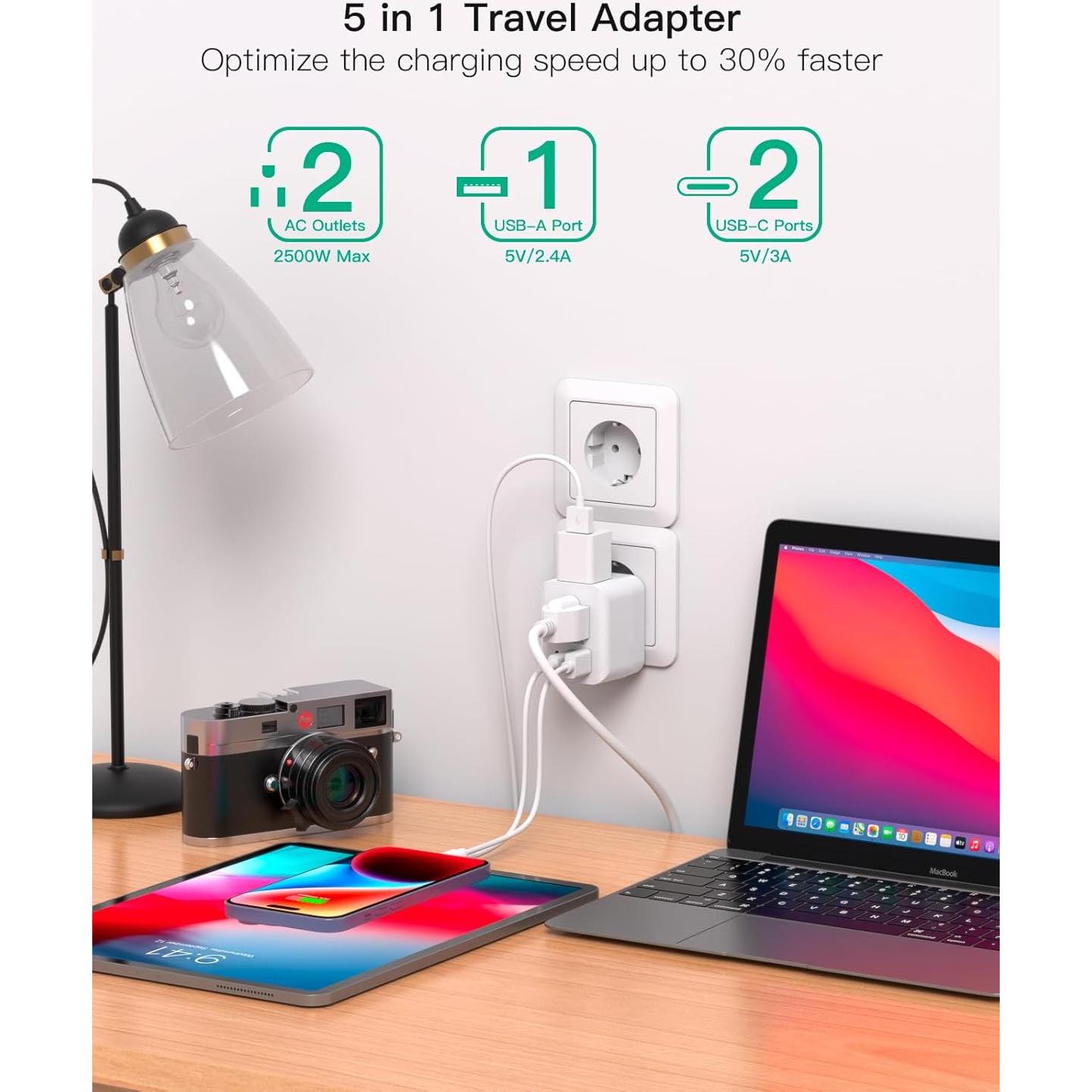 Adaptador de Enchufe de Viaje MIFASOPOWER Tipo C 5 en 1