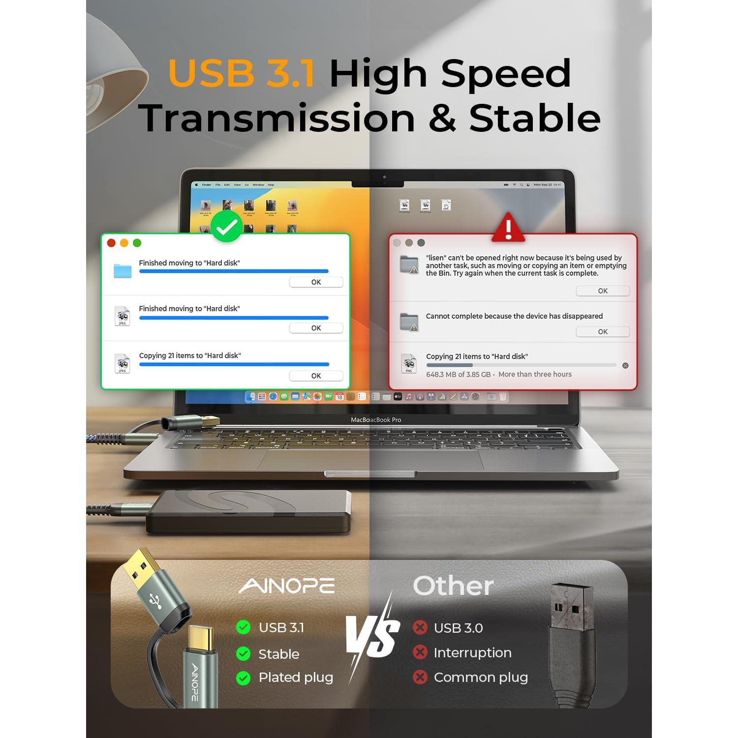 Cable de Disco Duro Externo AINOPE Micro B a USB C 45.72 cm