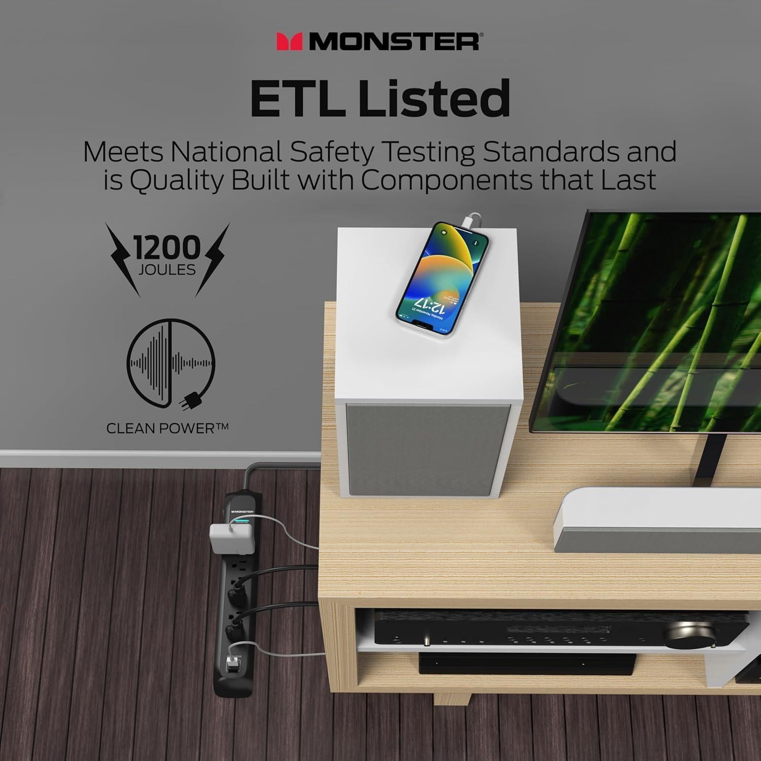 Protector de Sobretensión Monster Power 1200 Julios 6 Salidas 2 USB