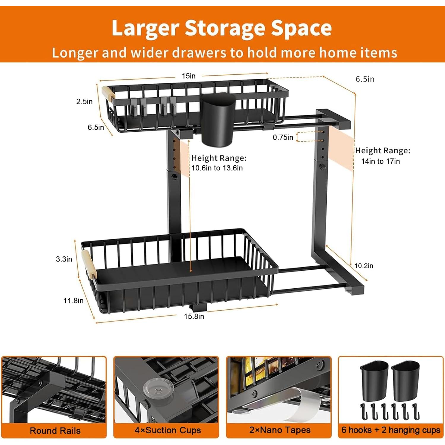 Organizador Bajo Fregadero GREAPA Ajustable 2 Niveles Metal Negro