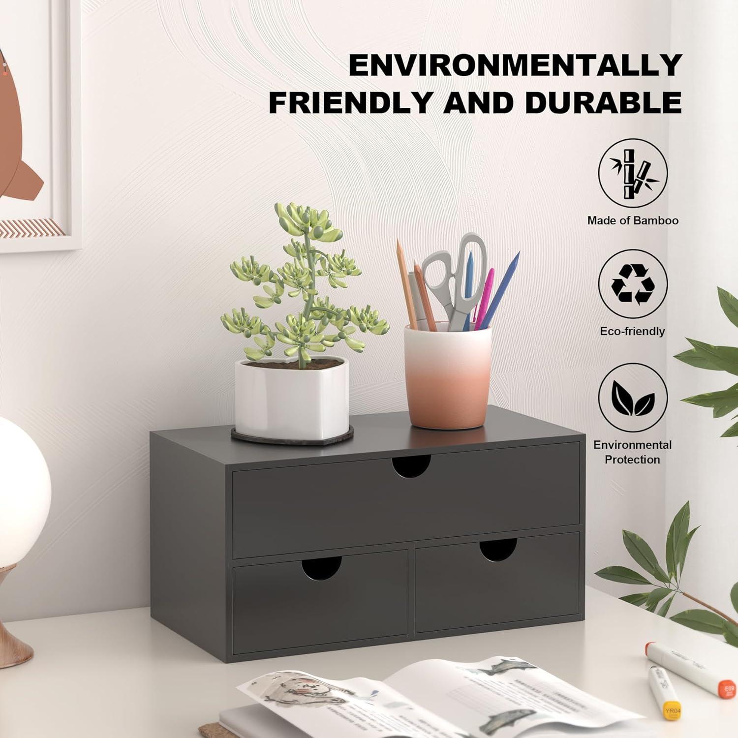 Organizador de Escritorio WISUCART de Bambú 3 Cajones Negro