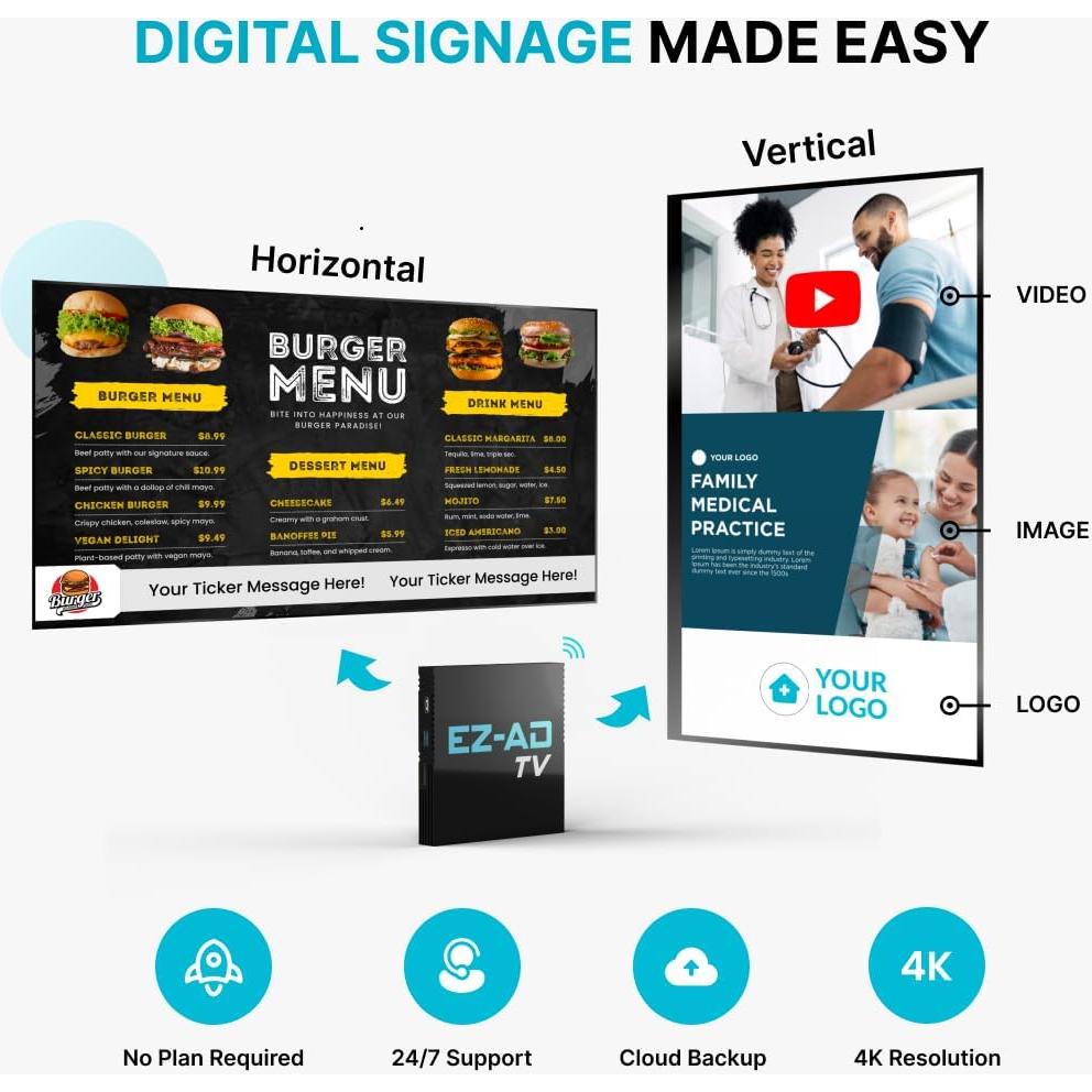 Reproductor de Señalización Digital EZ-AD F3 4K con Plan Gratuito