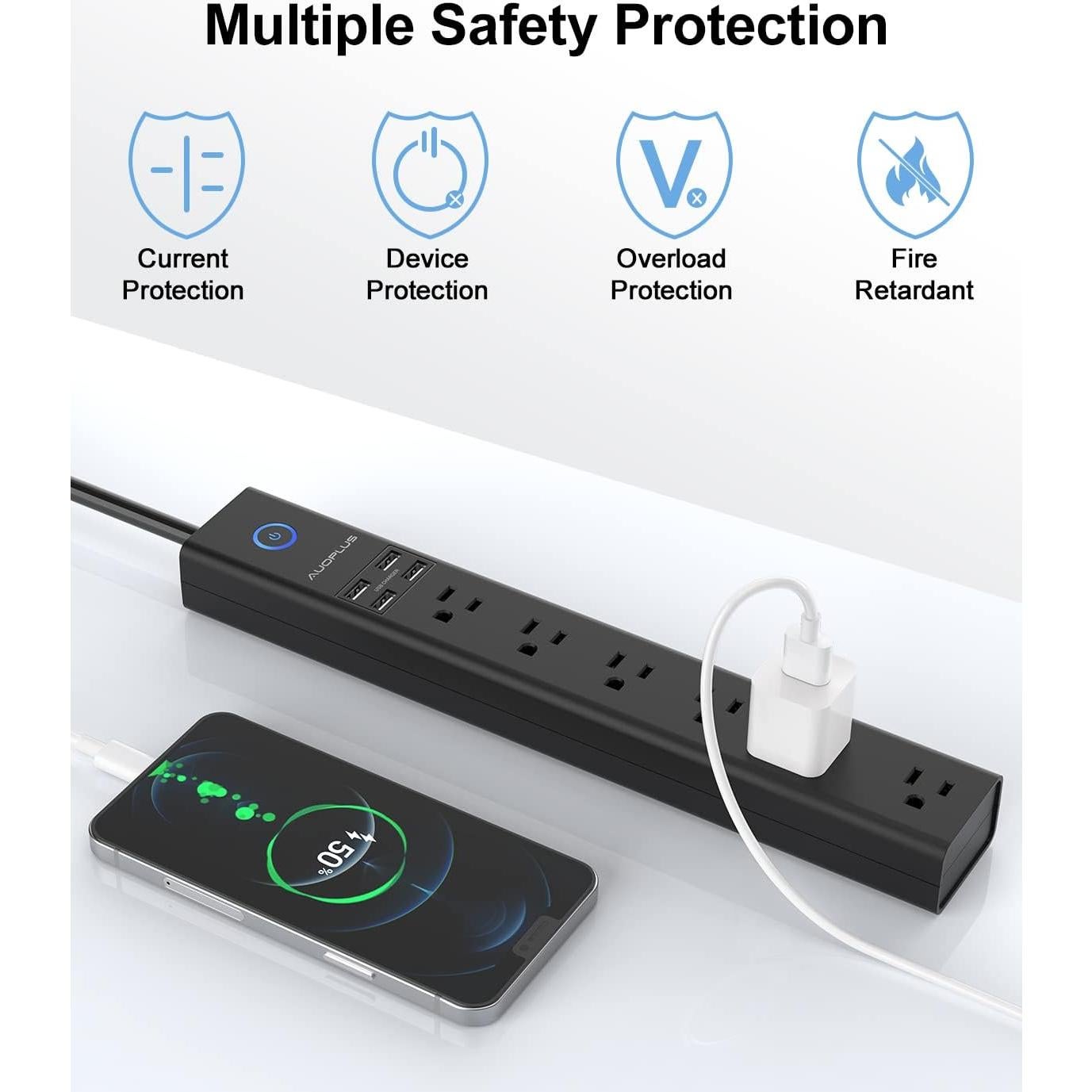 Regleta de Sobretensión AUOPLUS 6 Salidas 4 USB 1.83m