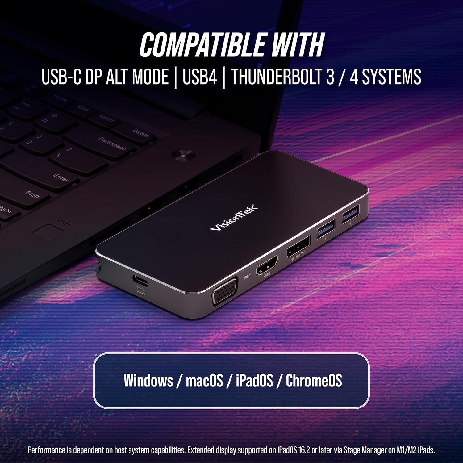 Hub USB-C VisionTek VT200 Doble Monitor HDMI DP VGA