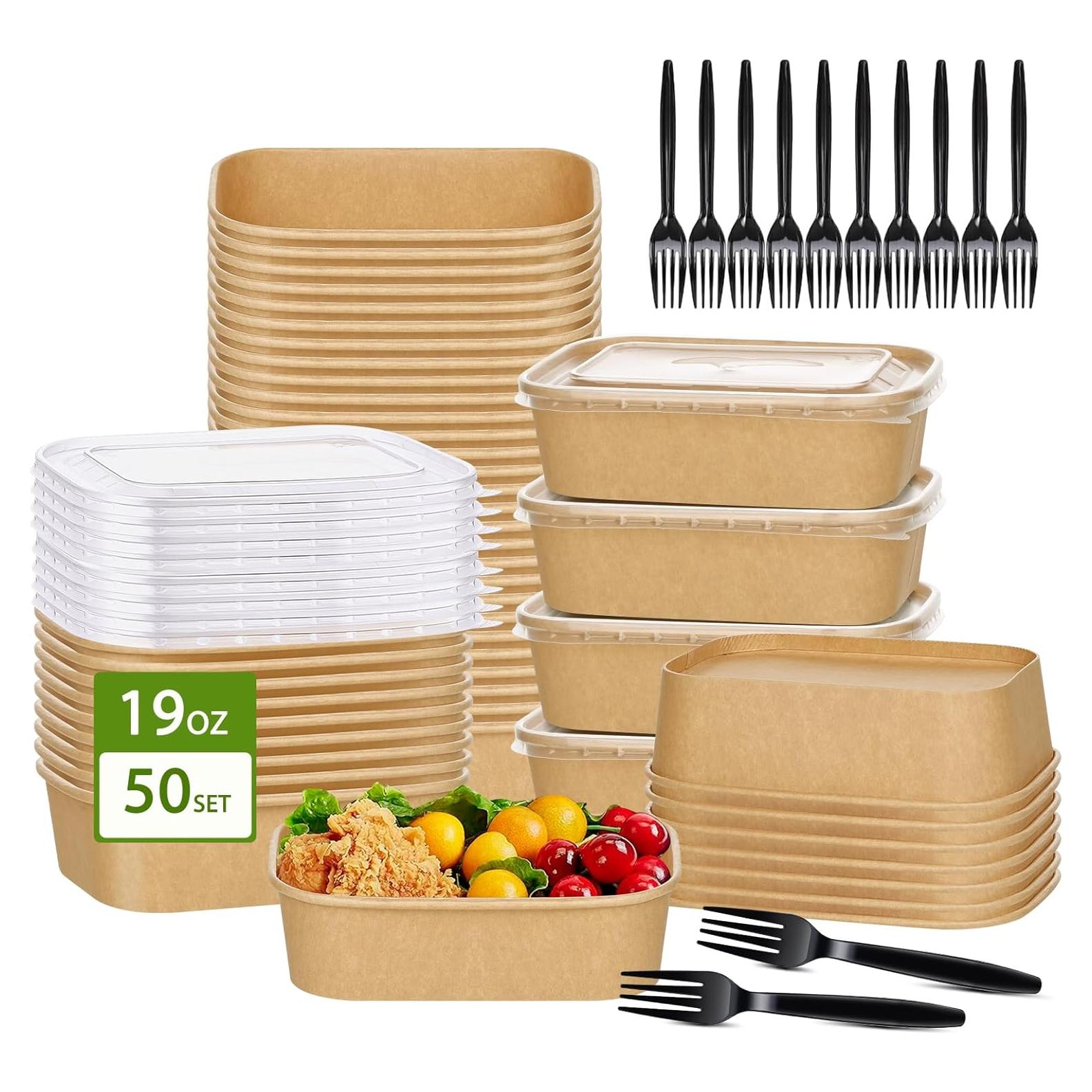 Paquete de 50 tazones desechables de papel kraft 19oz con tapas